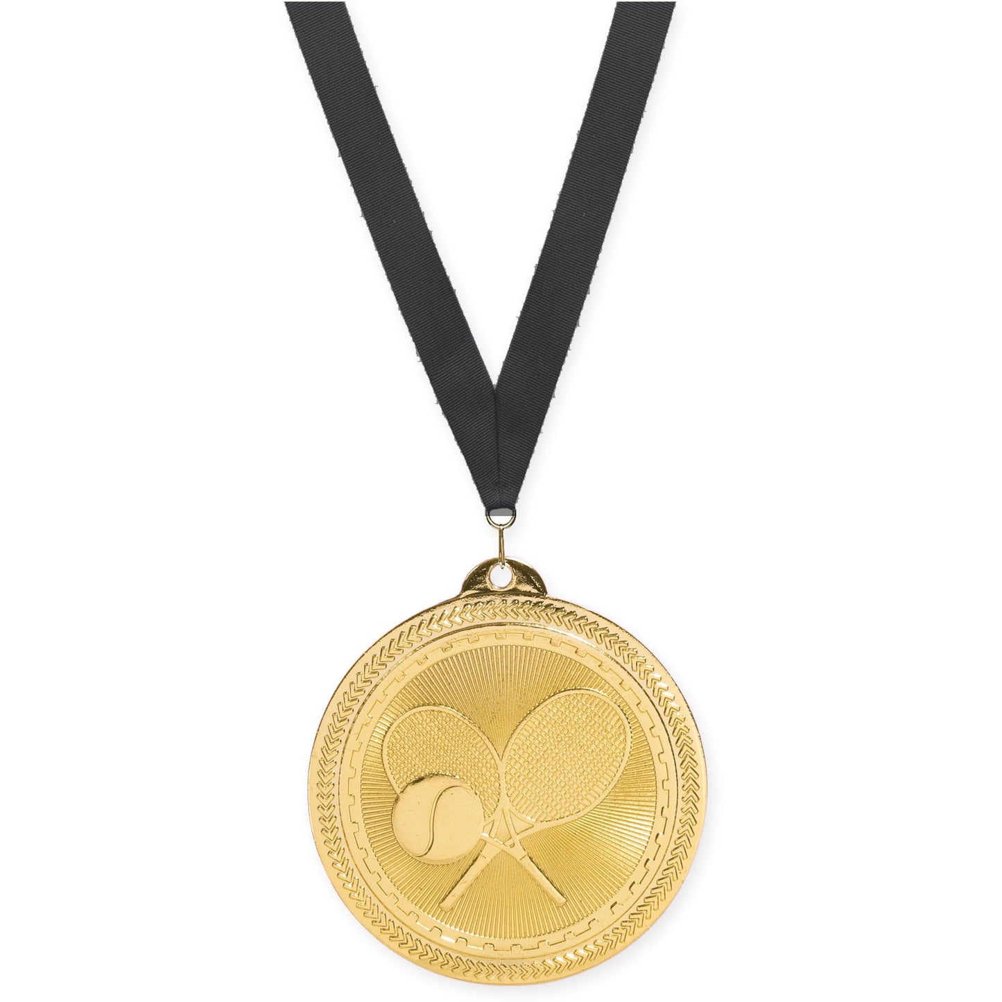 2 inch tennis Sunburst medal in bright gold with Black neck ribbon