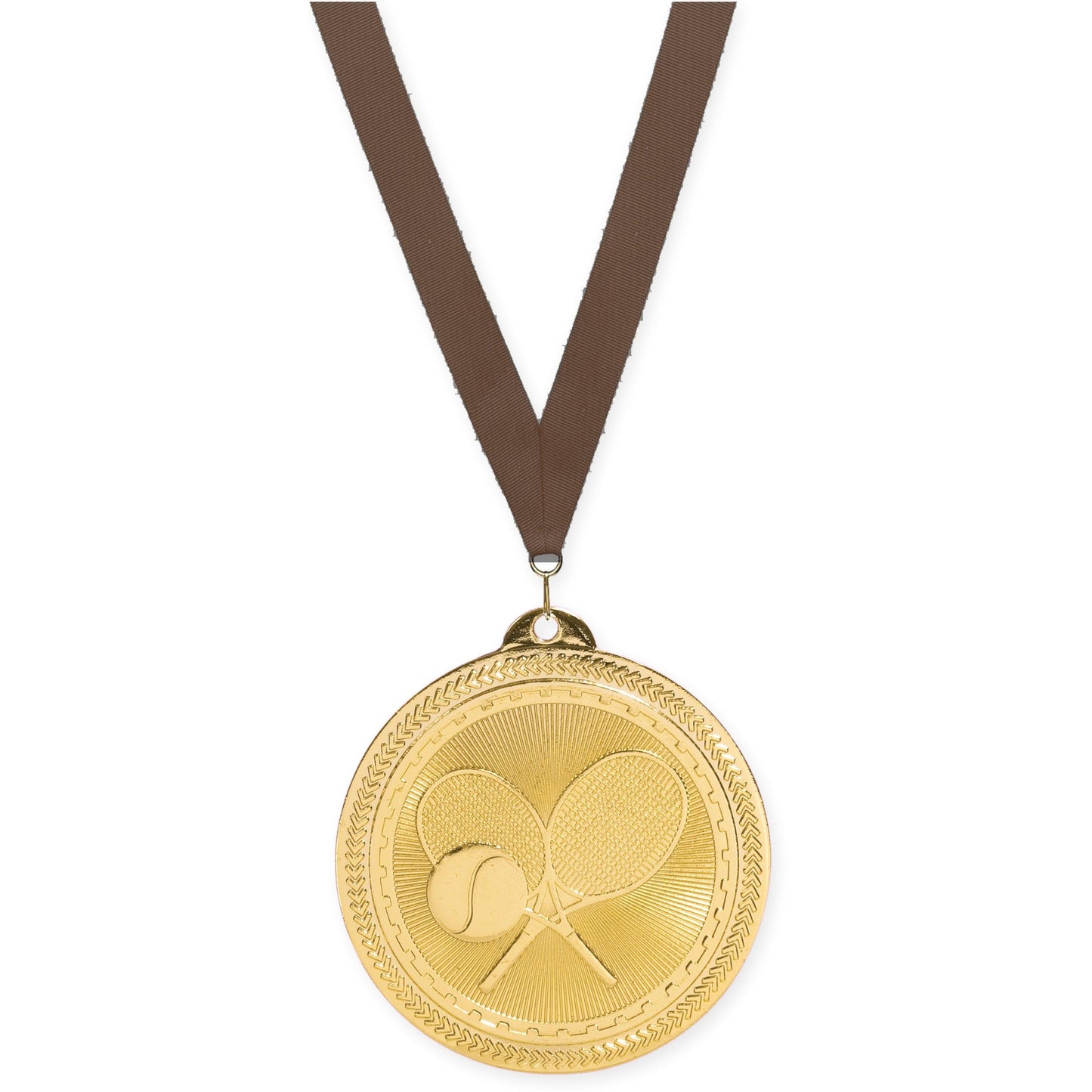 2 inch tennis Sunburst medal in bright gold with Brown neck ribbon