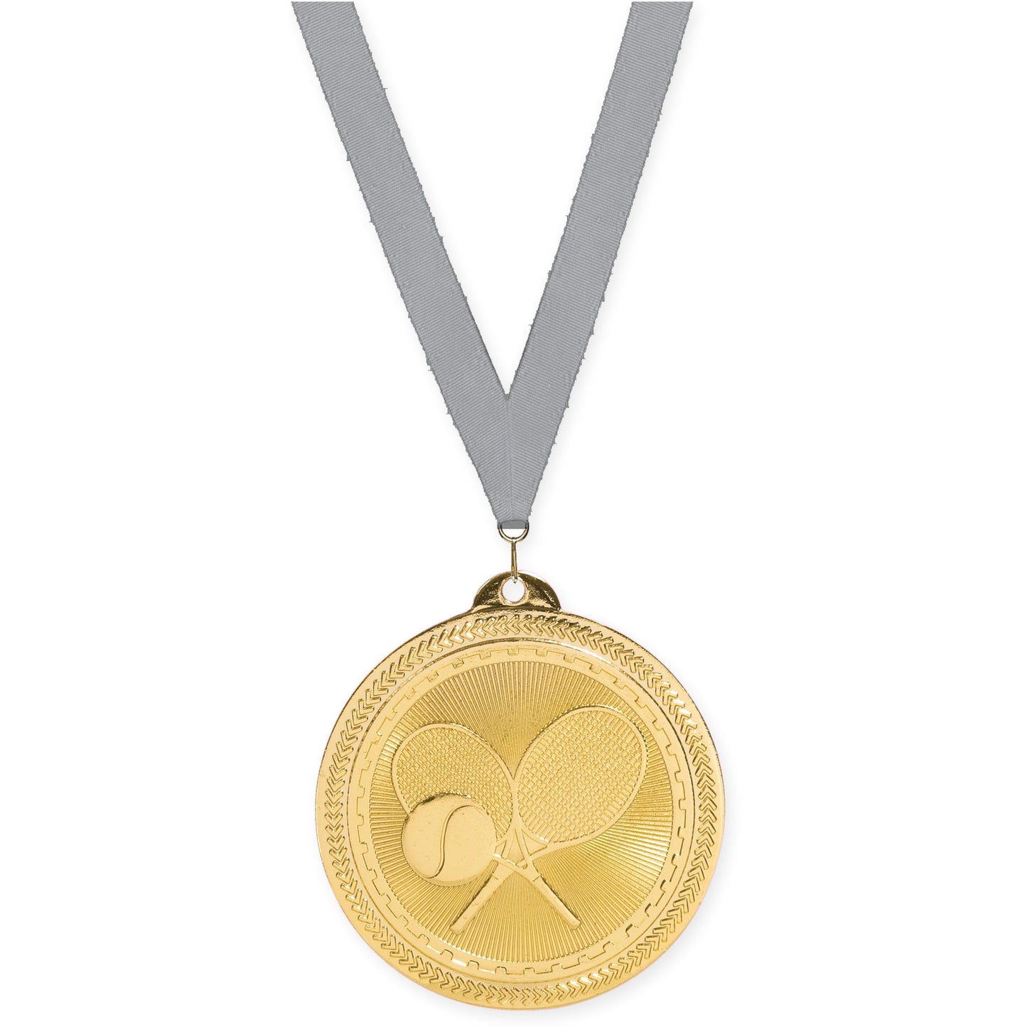 2 inch tennis Sunburst medal in bright gold with Gray neck ribbon