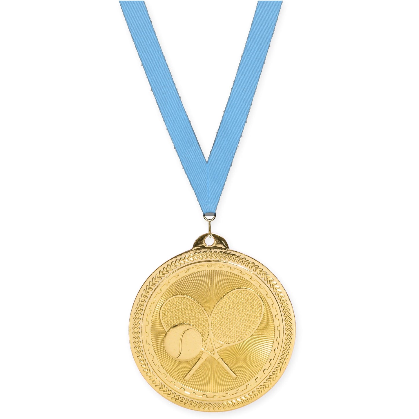 2 inch tennis Sunburst medal in bright gold with Light Blue neck ribbon