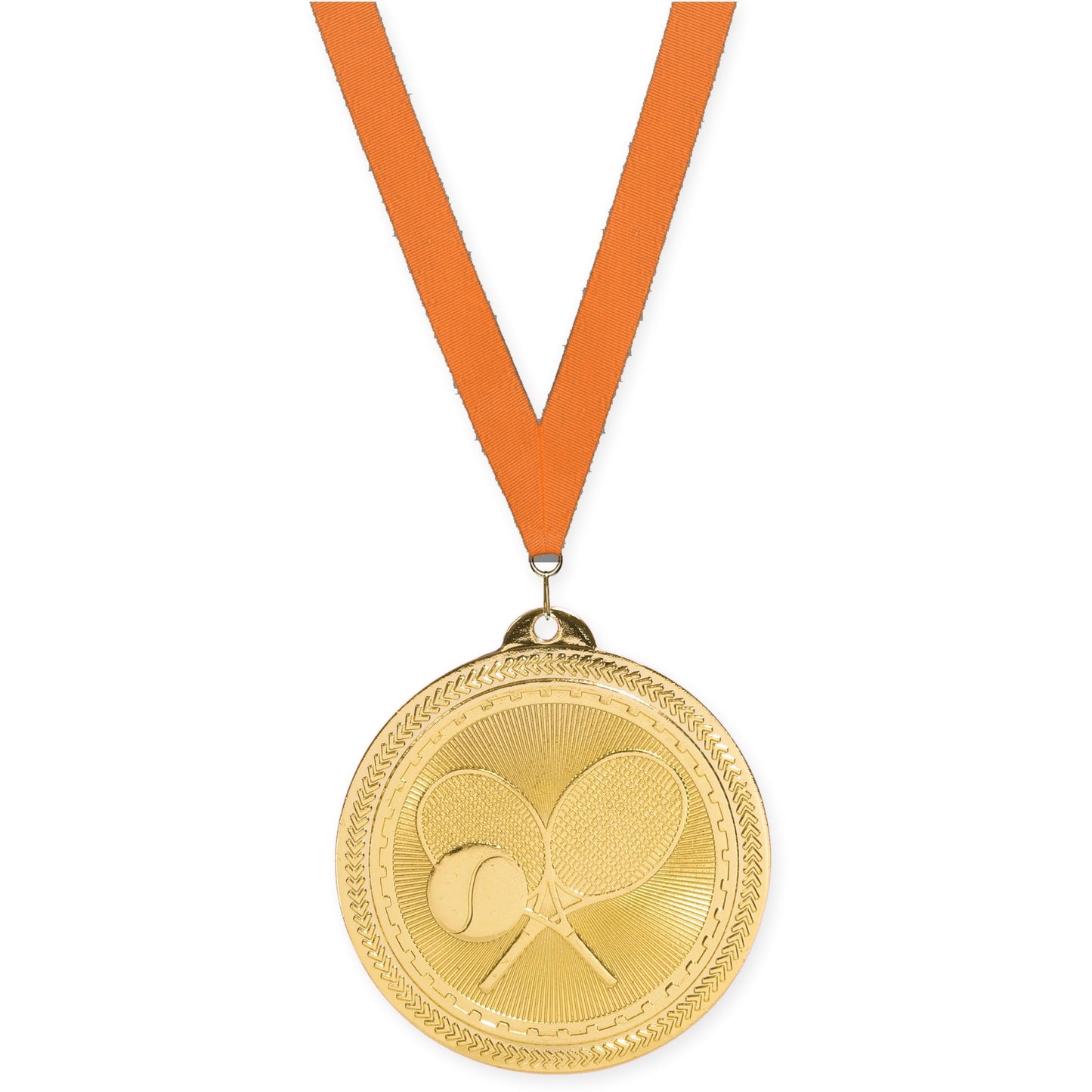 2 inch tennis Sunburst medal in bright gold with Orange neck ribbon