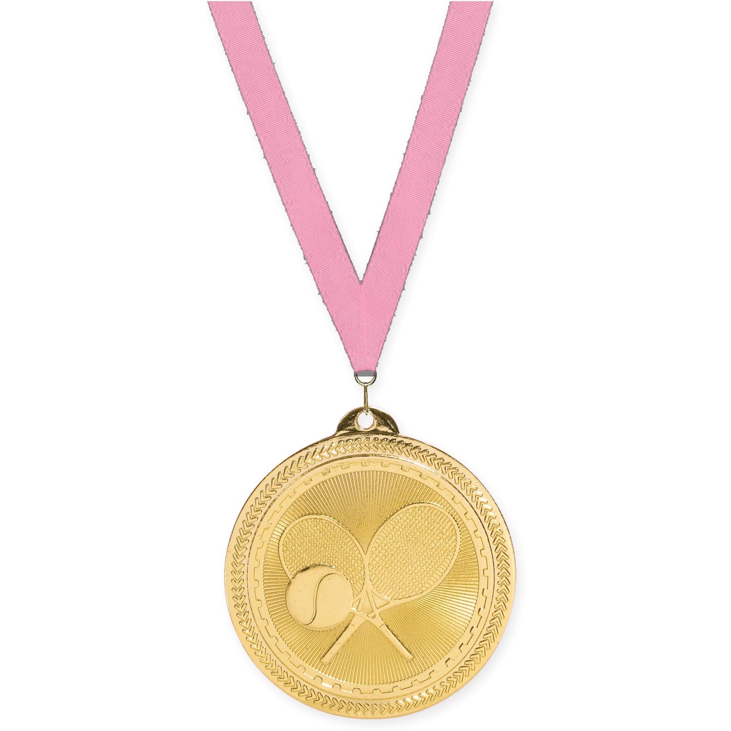 2 inch tennis Sunburst medal in bright gold with Pink neck ribbon