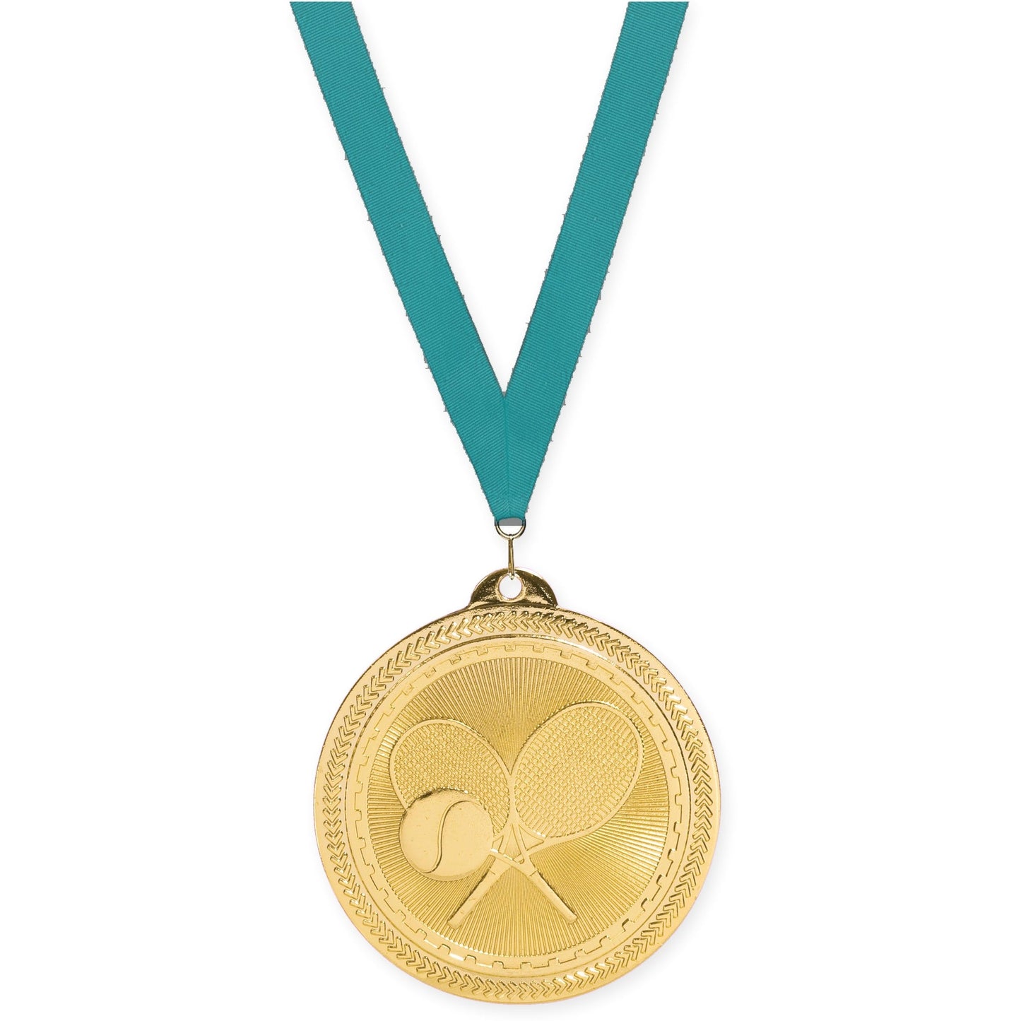 2 inch tennis Sunburst medal in bright gold with Teal neck ribbon