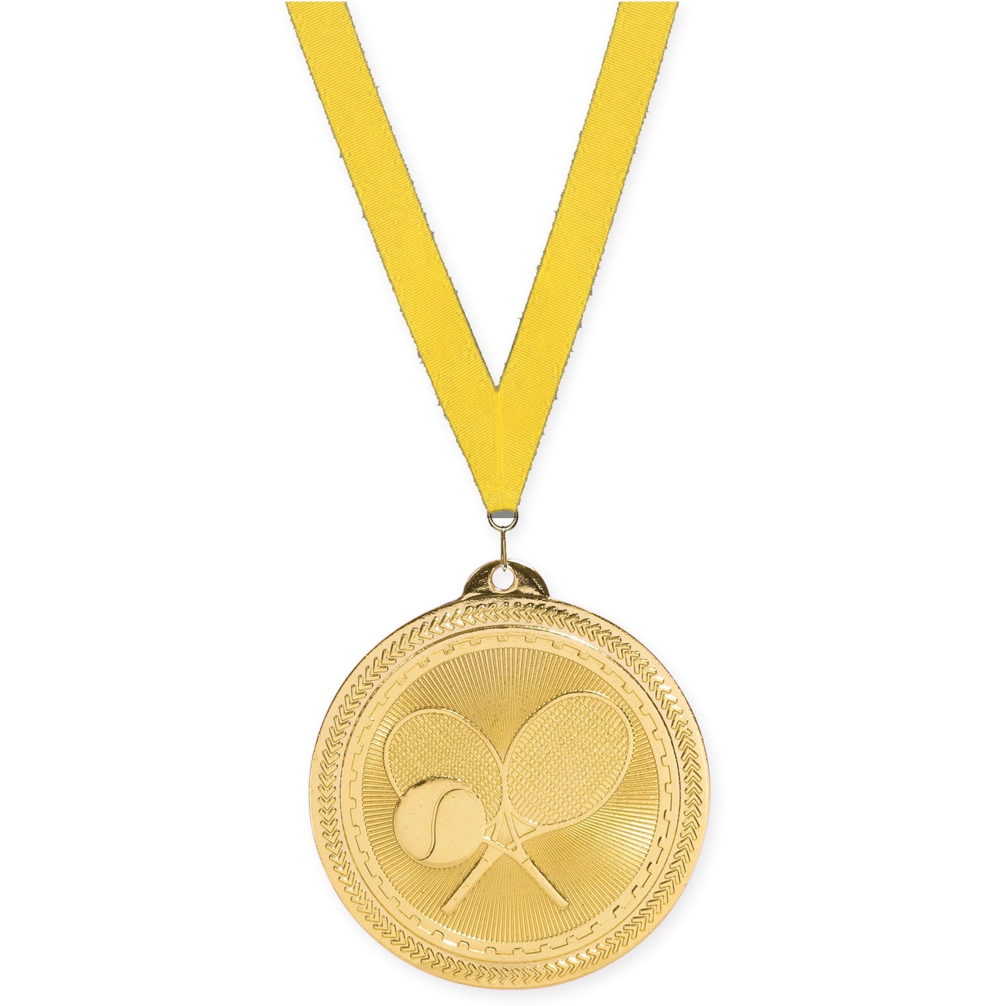 2 inch tennis Sunburst medal in bright gold with Yellow neck ribbon