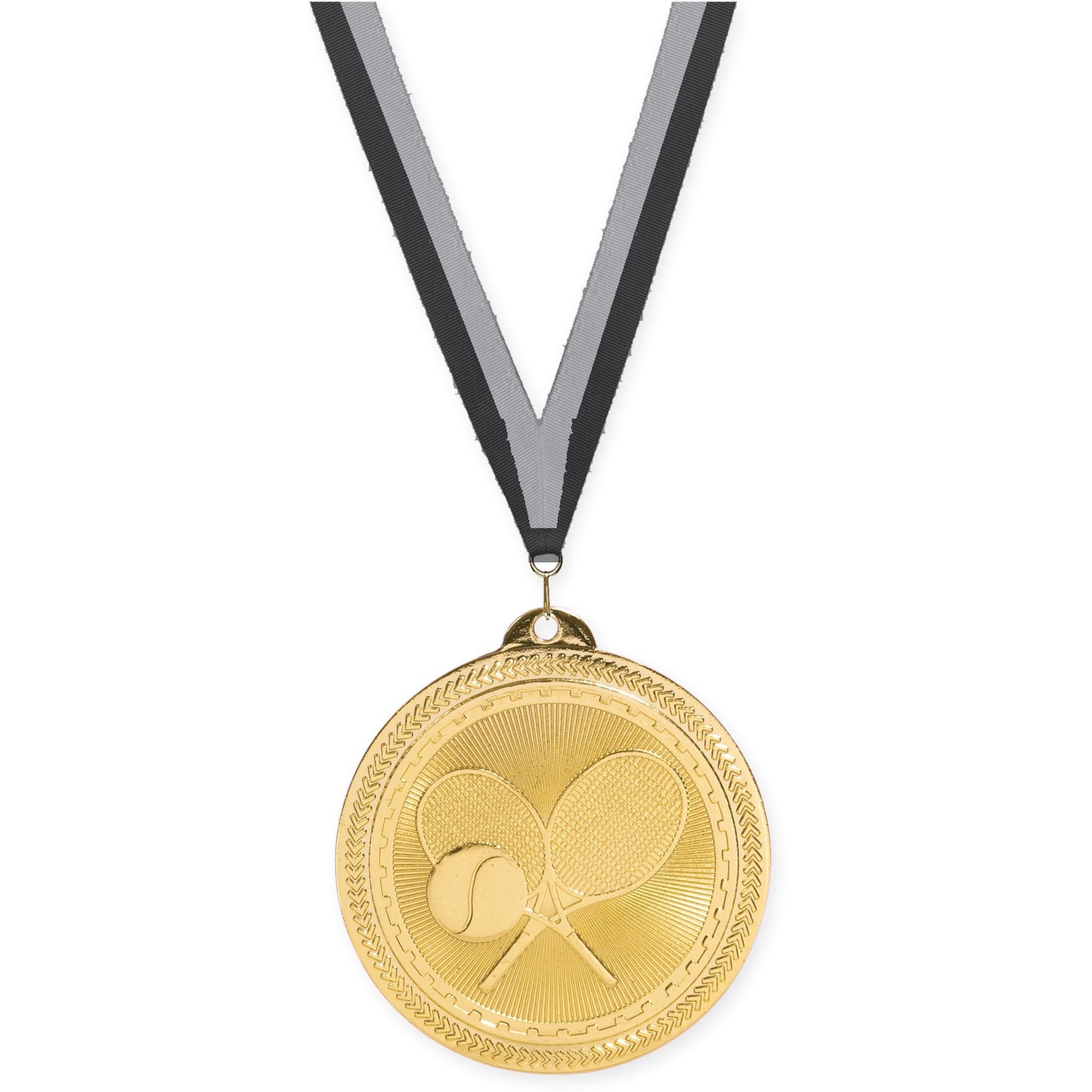 2 inch tennis Sunburst medal in bright gold with Black Gray neck ribbon