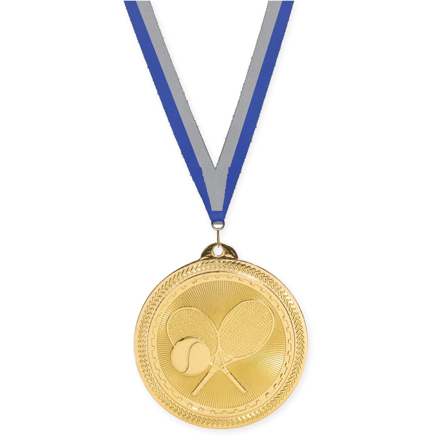 2 inch tennis Sunburst medal in bright gold with Blue Gray neck ribbon