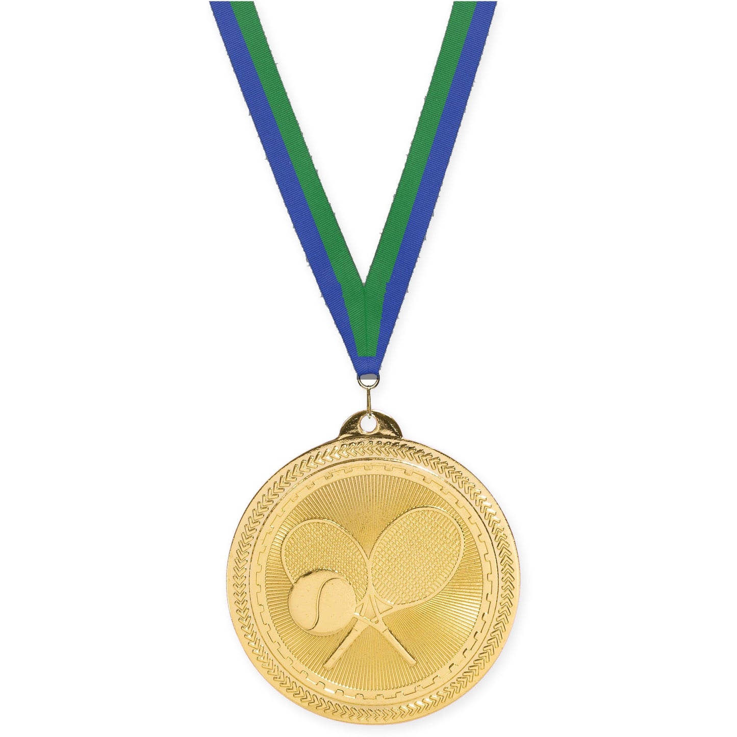 2 inch tennis Sunburst medal in bright gold with Blue Green neck ribbon