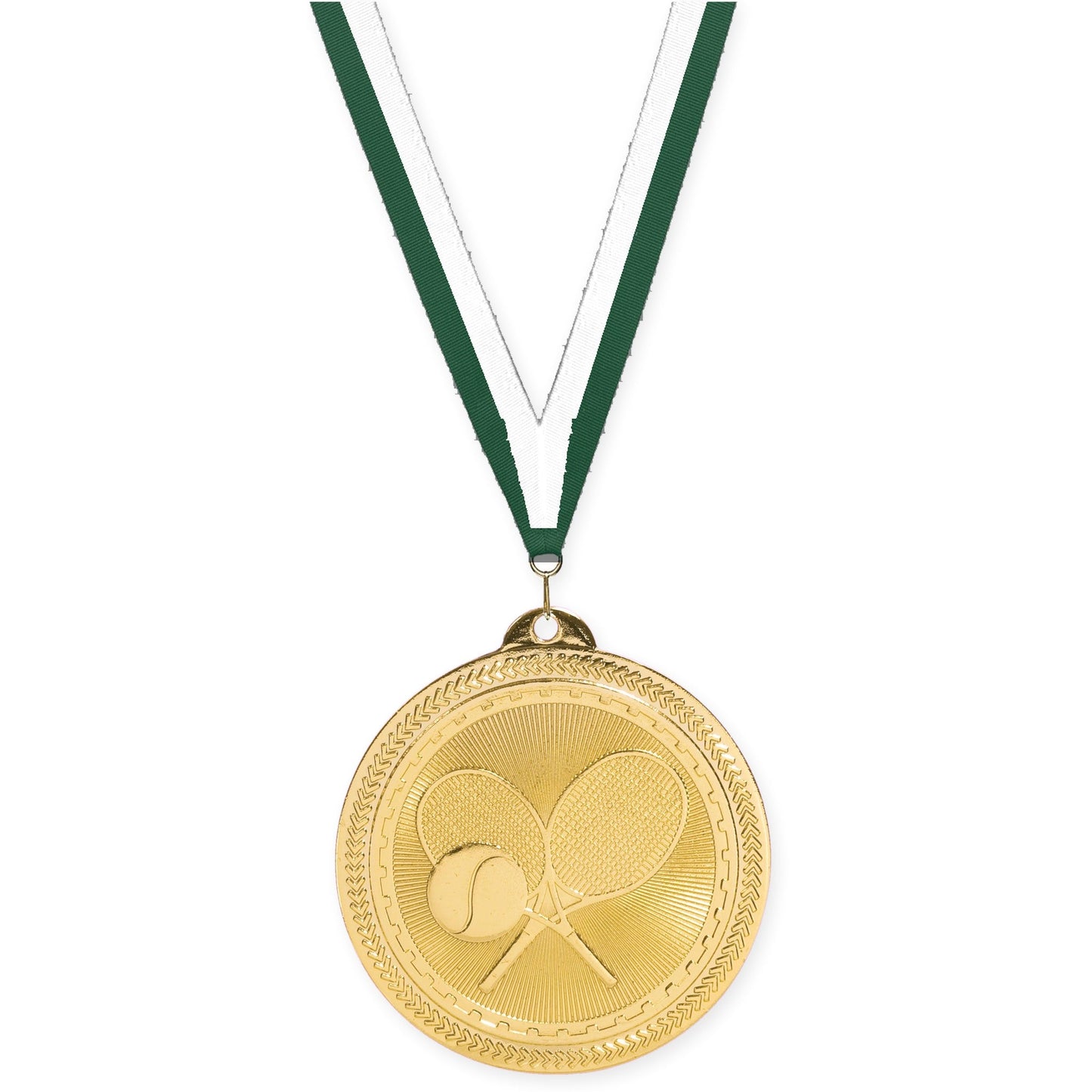 2 inch tennis Sunburst medal in bright gold with Hunter Green White neck ribbon