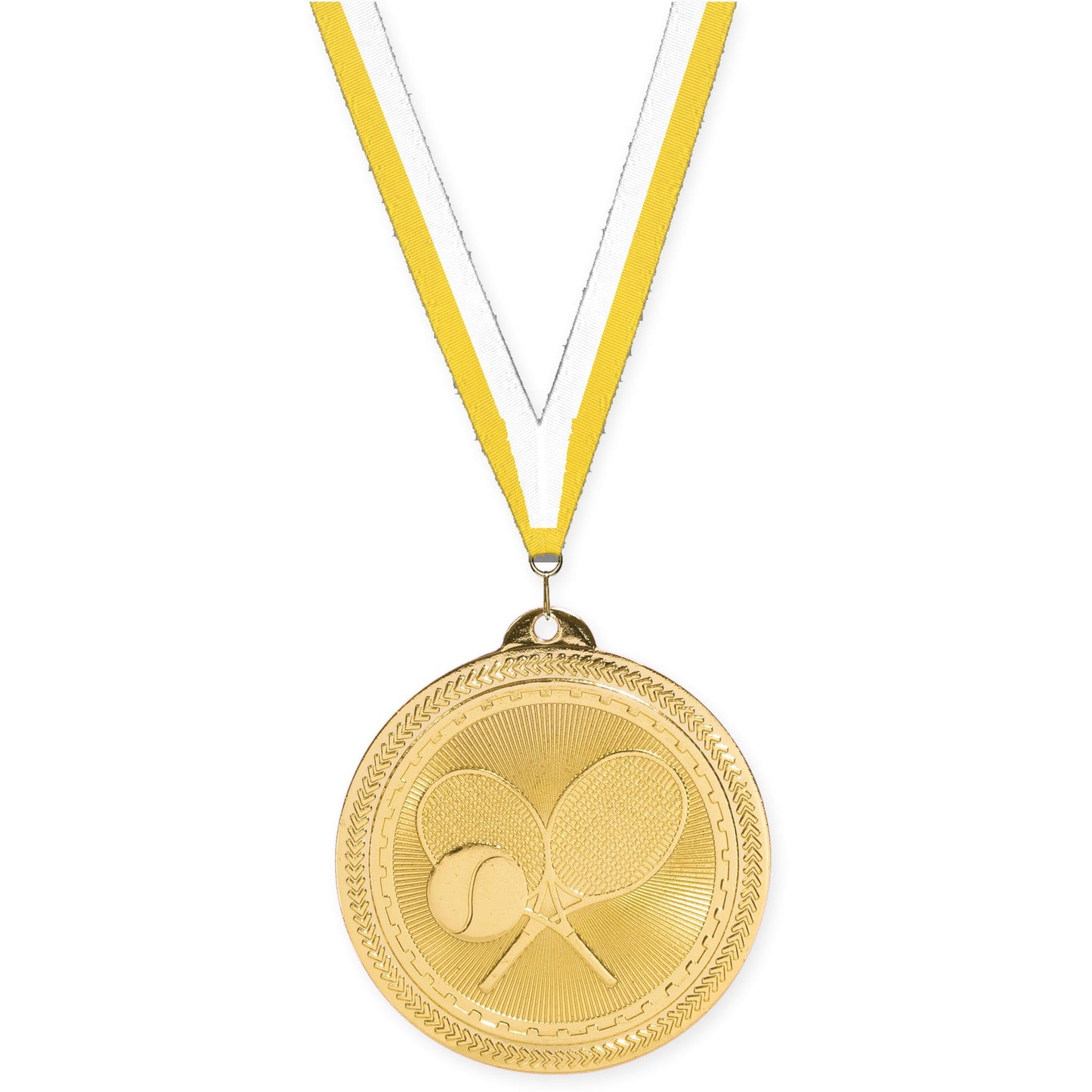 2 inch tennis Sunburst medal in bright gold with Yellow White neck ribbon