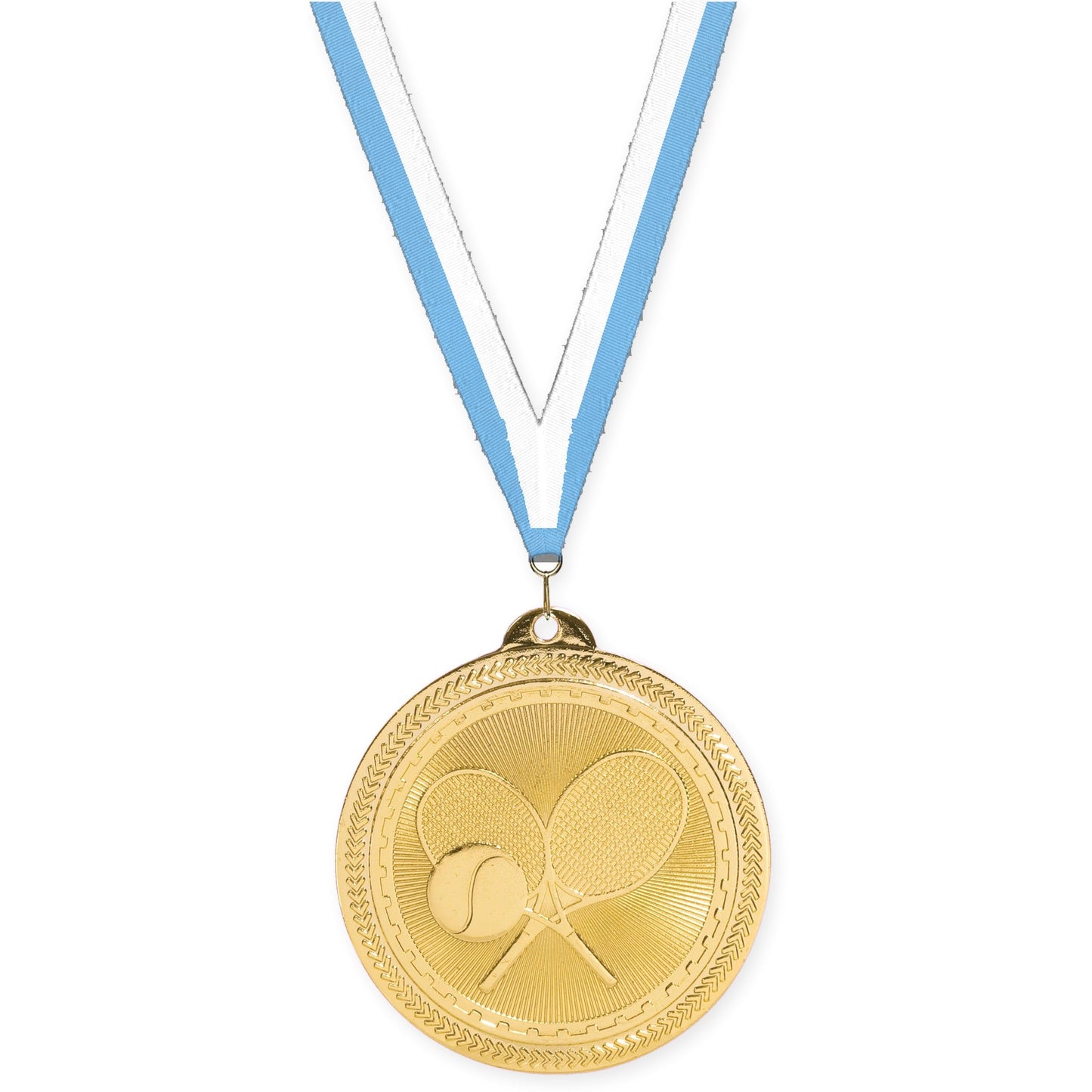 2 inch tennis Sunburst medal in bright gold with Light Blue White neck ribbon