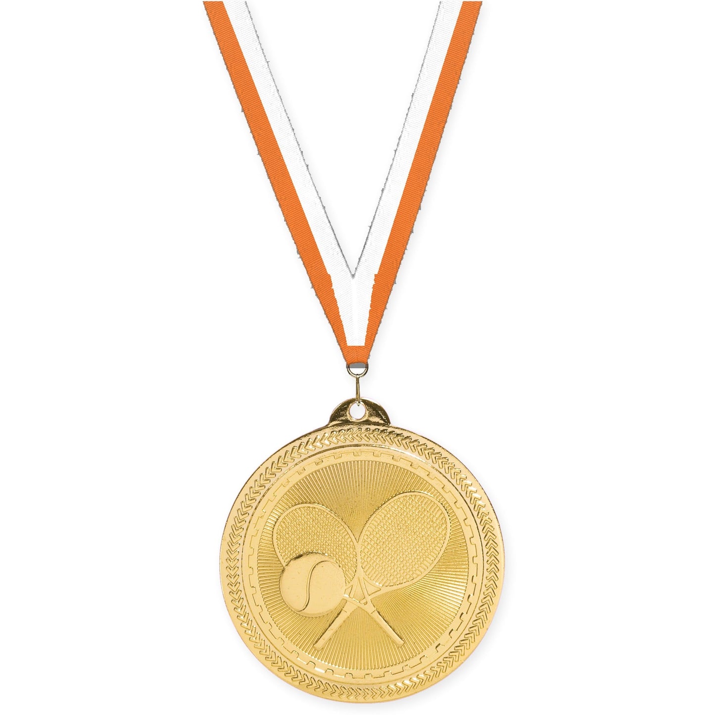2 inch tennis Sunburst medal in bright gold with Orange White neck ribbon