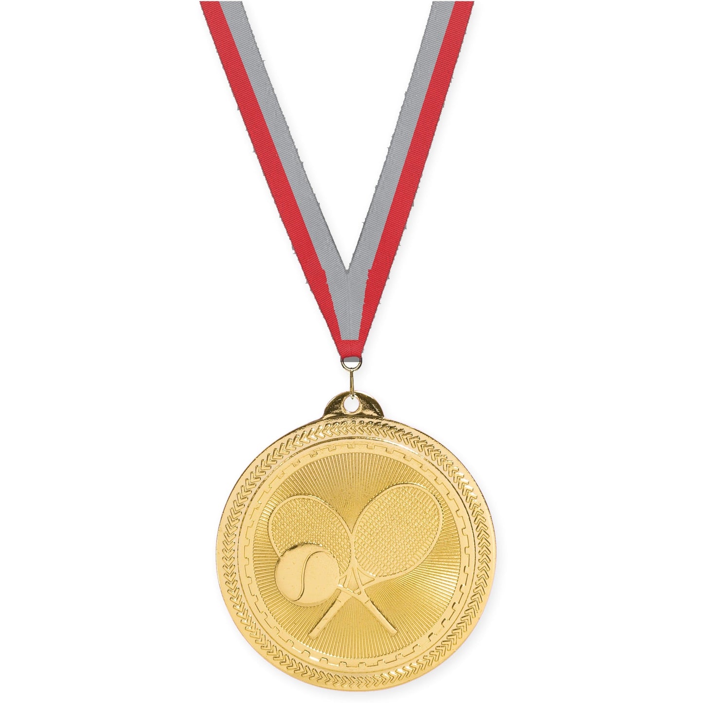 2 inch tennis Sunburst medal in bright gold with Red Gray neck ribbon