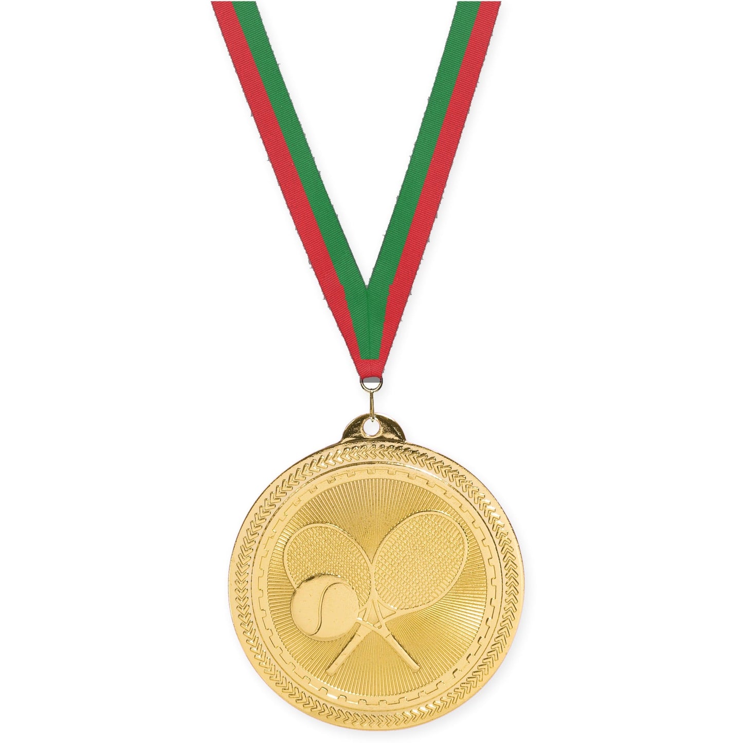 2 inch tennis Sunburst medal in bright gold with Red Green neck ribbon
