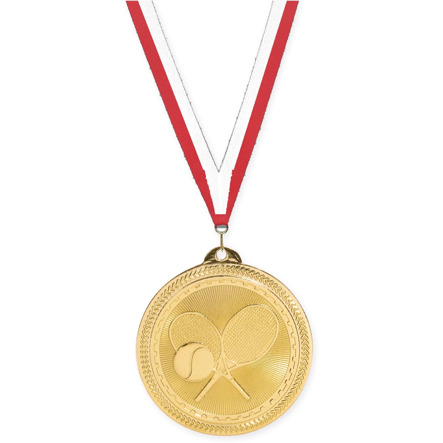 2 inch tennis Sunburst medal in bright gold with Red White neck ribbon