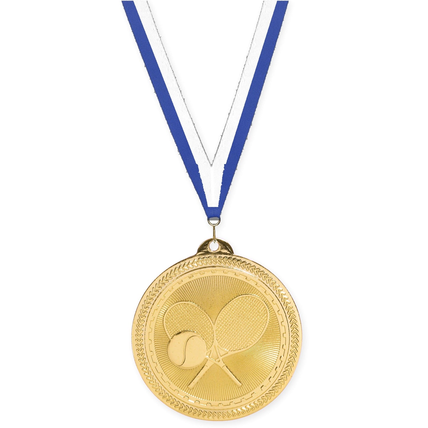 2 inch tennis Sunburst medal in bright gold with Blue White neck ribbon