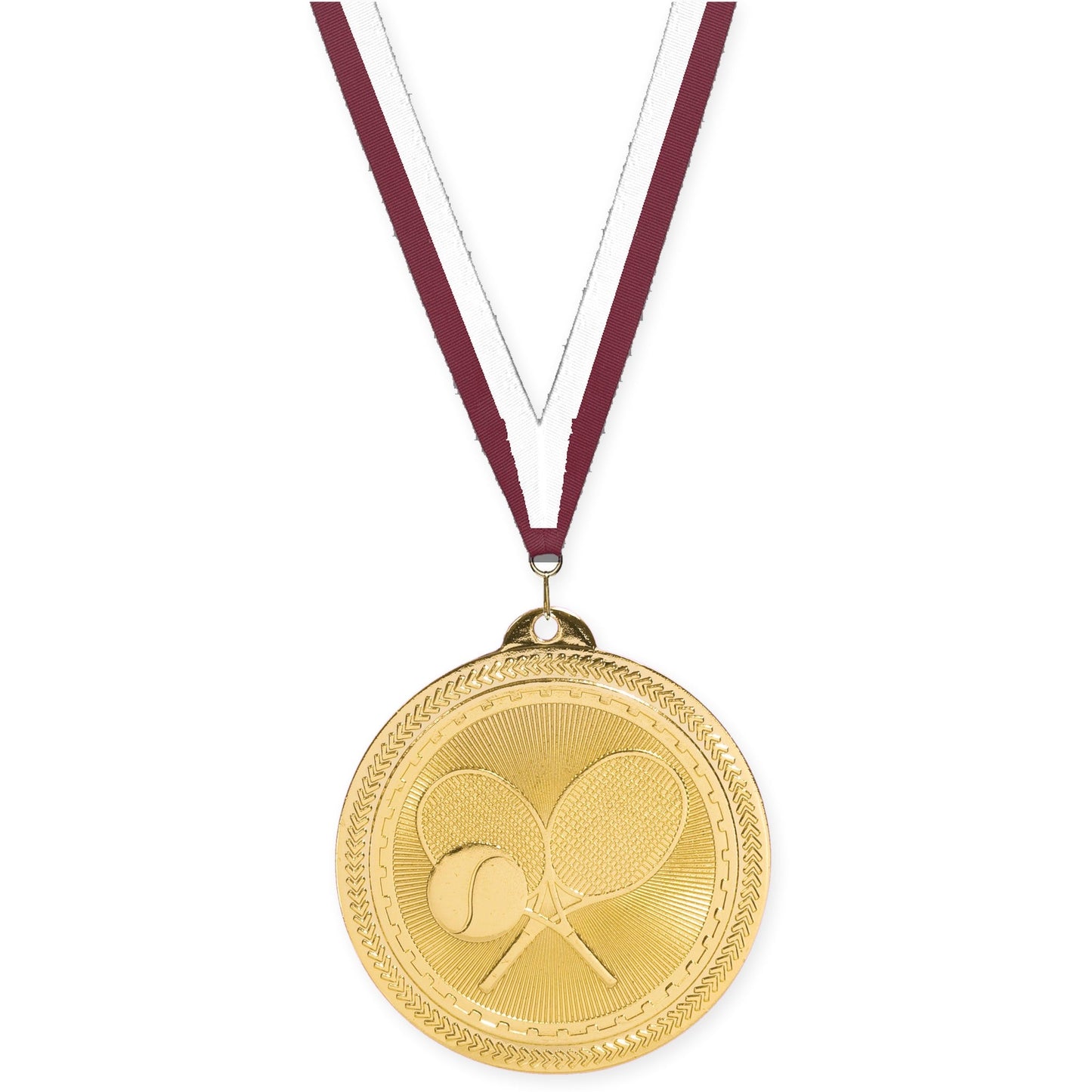 2 inch tennis Sunburst medal in bright gold with Maroon White neck ribbon