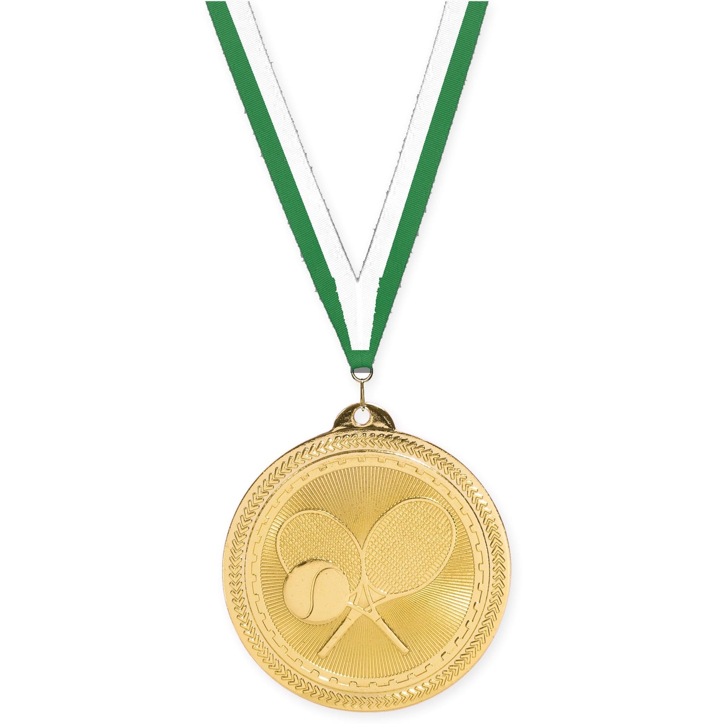 2 inch tennis Sunburst medal in bright gold with Green White neck ribbon