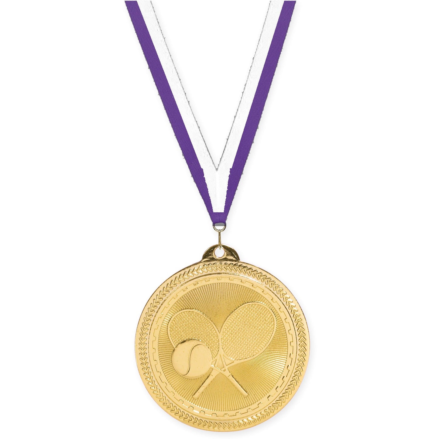 2 inch tennis Sunburst medal in bright gold with Purple White neck ribbon