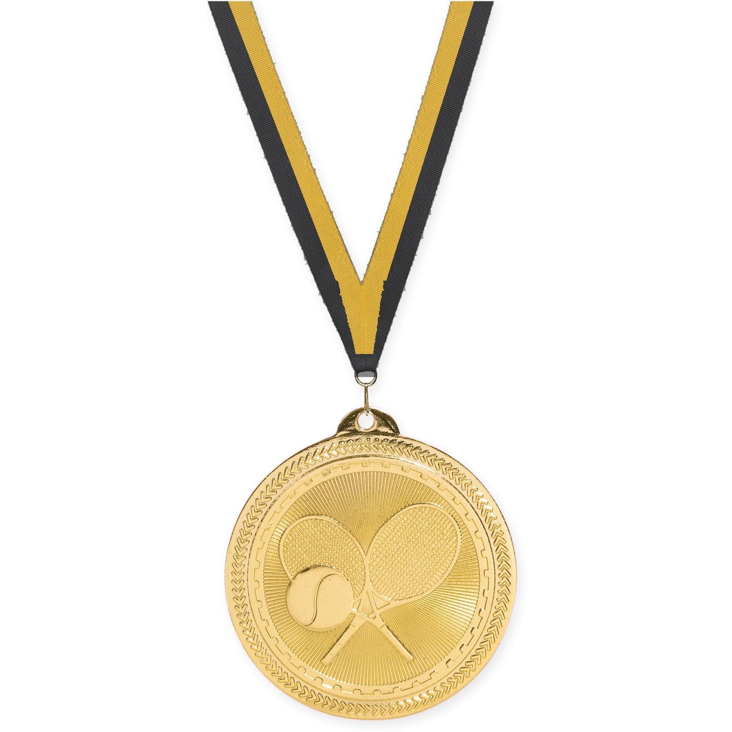 2 inch tennis Sunburst medal in bright gold with Black Gold neck ribbon