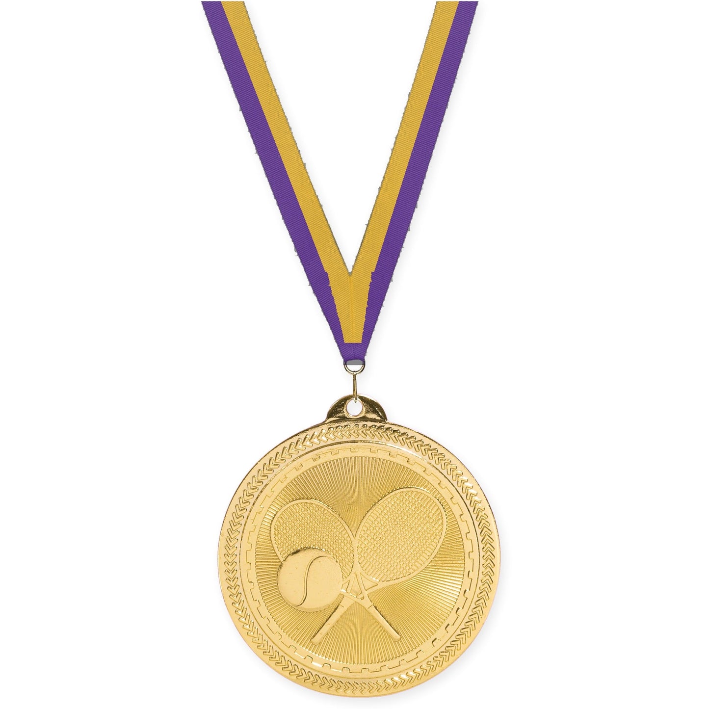2 inch tennis Sunburst medal in bright gold with Purple Gold neck ribbon