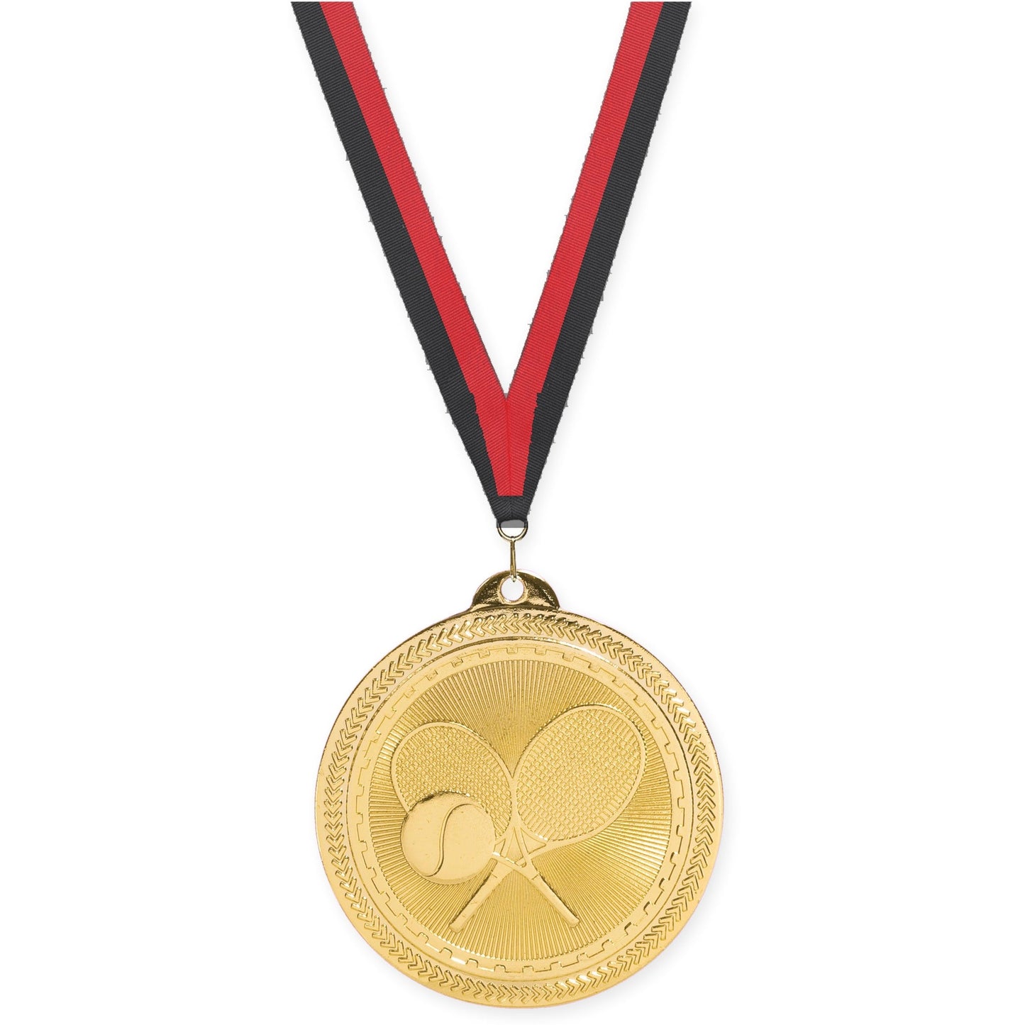 2 inch tennis Sunburst medal in bright gold with Black Red neck ribbon