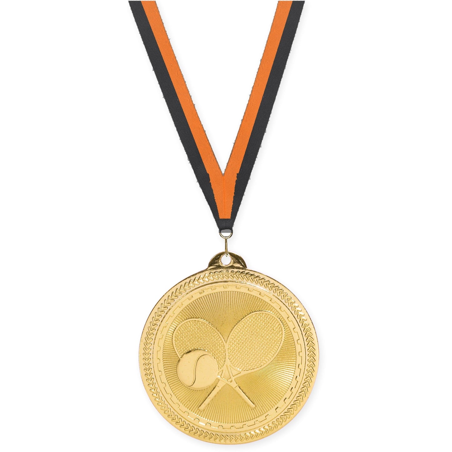 2 inch tennis Sunburst medal in bright gold with Black Orange neck ribbon