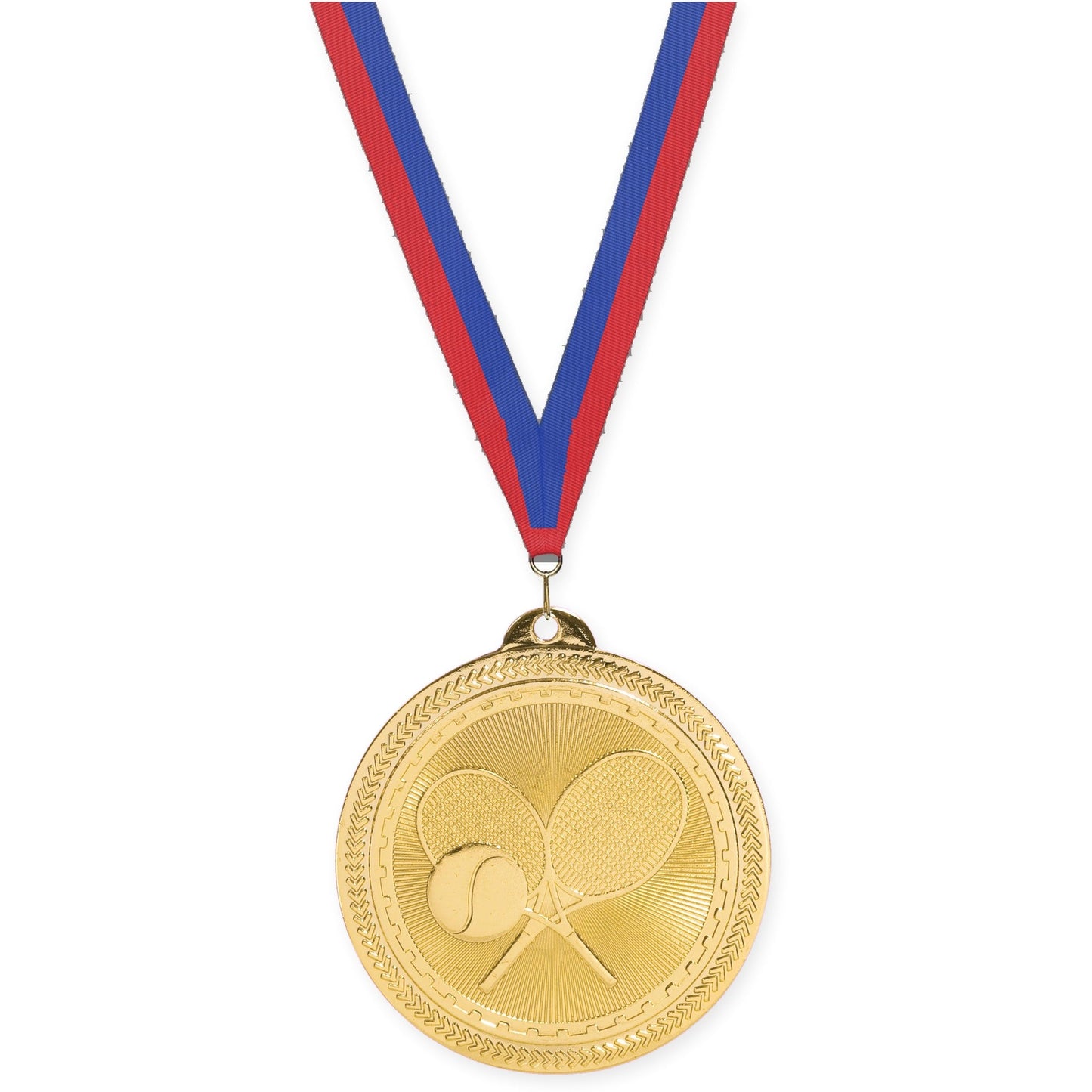 2 inch tennis Sunburst medal in bright gold with Blue Red neck ribbon