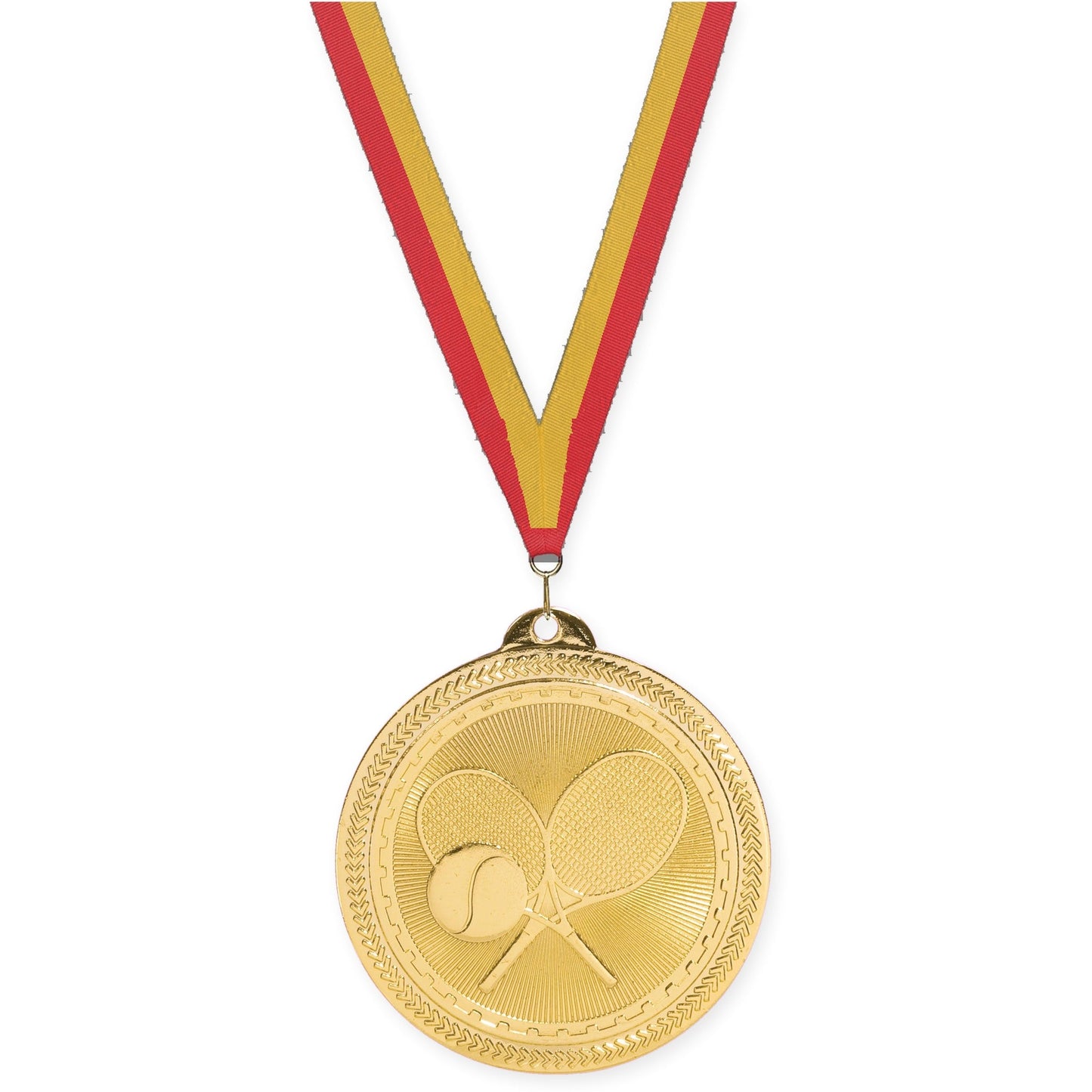 2 inch tennis Sunburst medal in bright gold with Red Gold neck ribbon