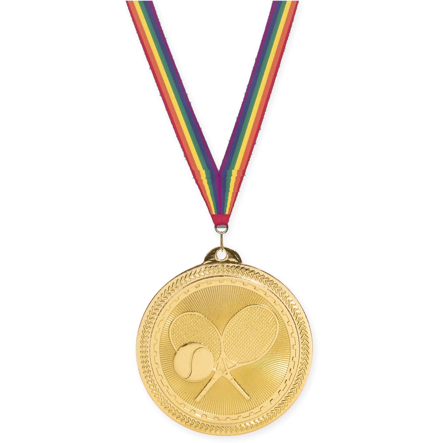 2 inch tennis Sunburst medal in bright gold with Rainbow neck ribbon