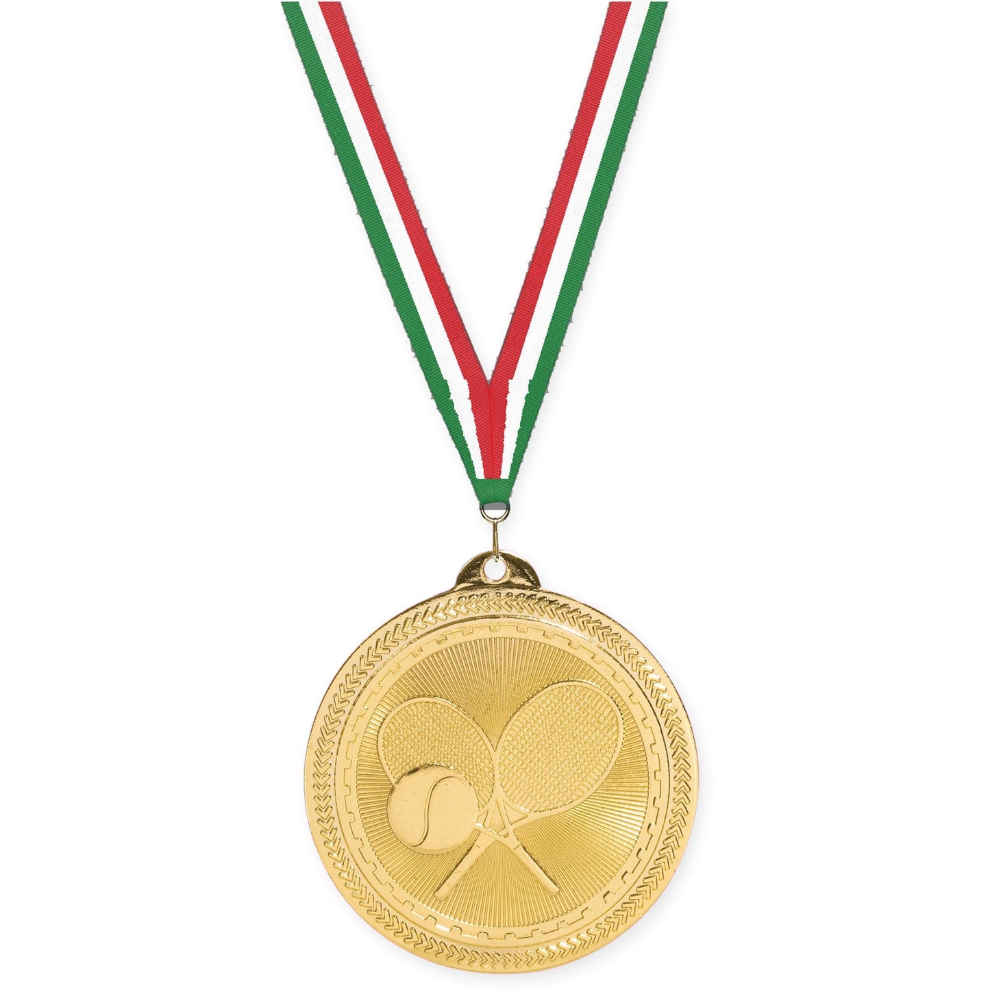 2 inch tennis Sunburst medal in bright gold with Green White Red neck ribbon
