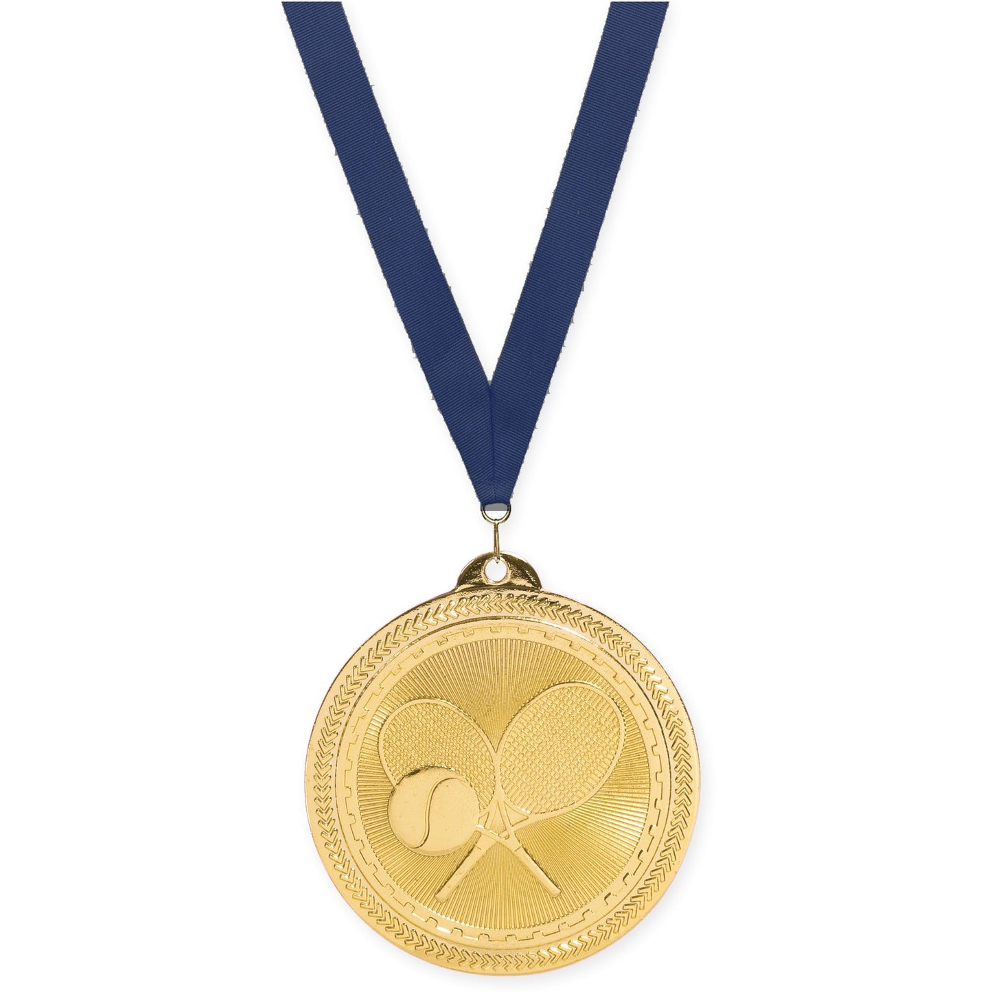 2 inch tennis Sunburst medal in bright gold with Navy neck ribbon