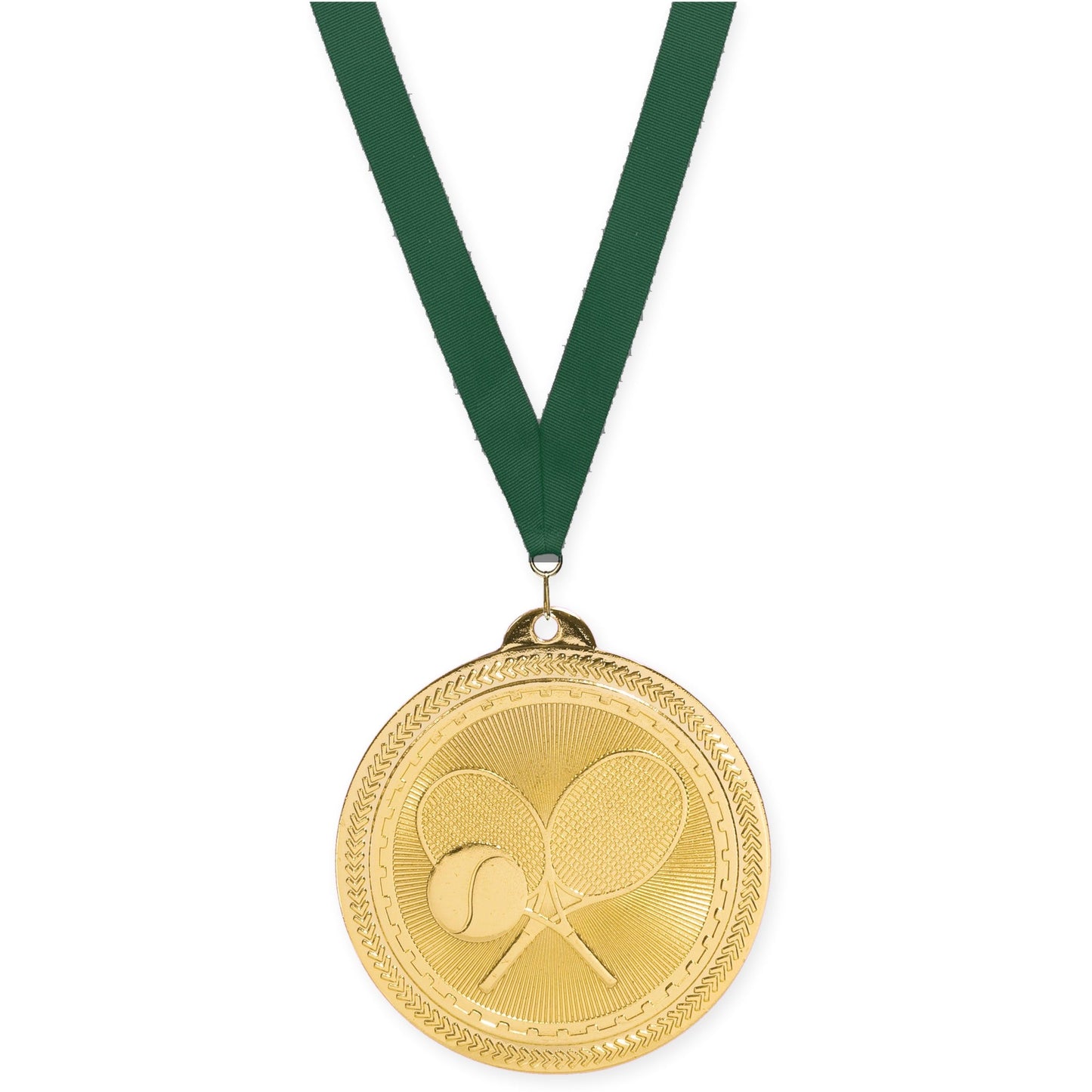 2 inch tennis Sunburst medal in bright gold with Hunter Green neck ribbon