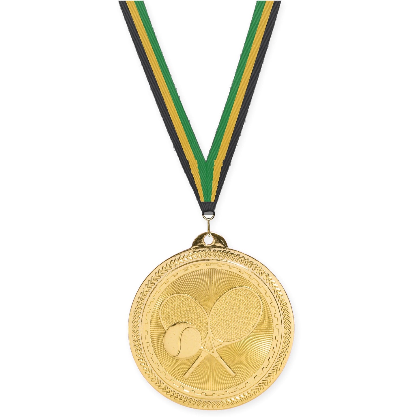 2 inch tennis Sunburst medal in bright gold with Black Gold Green neck ribbon