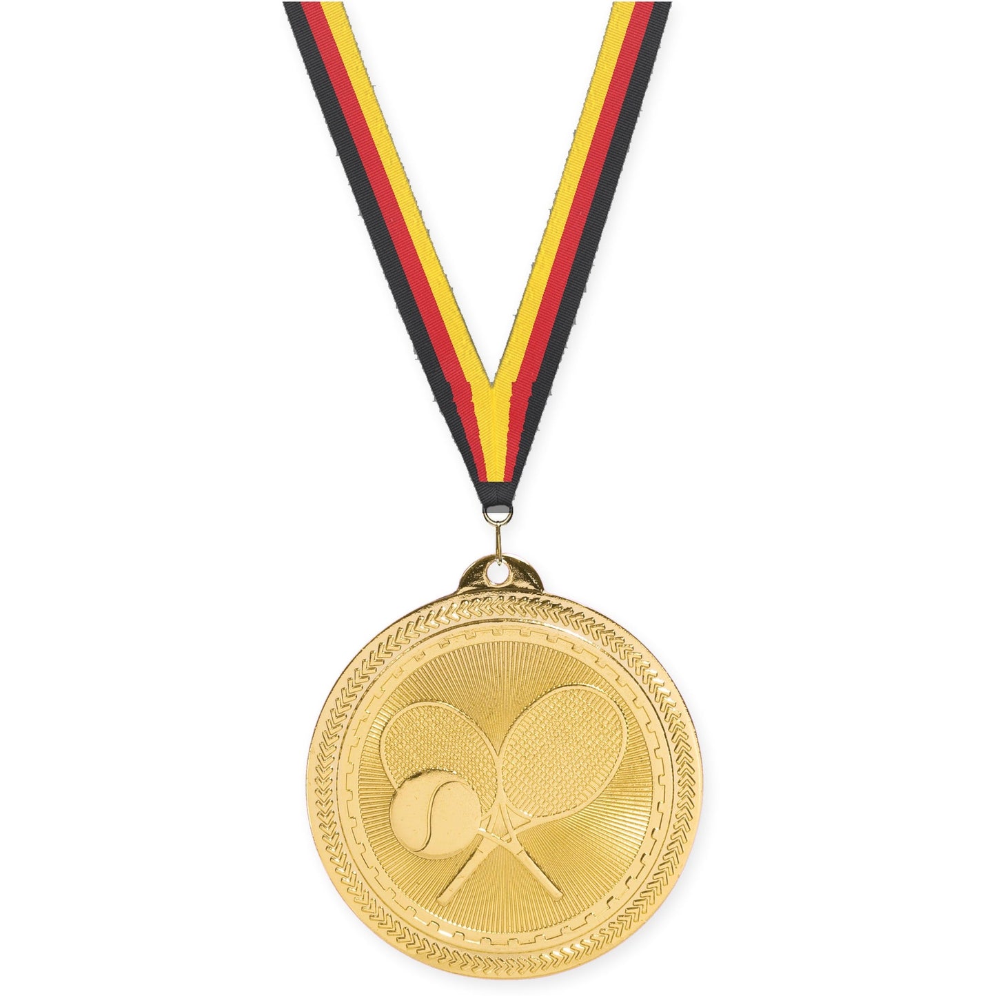 2 inch tennis Sunburst medal in bright gold with Black Red Yellow neck ribbon