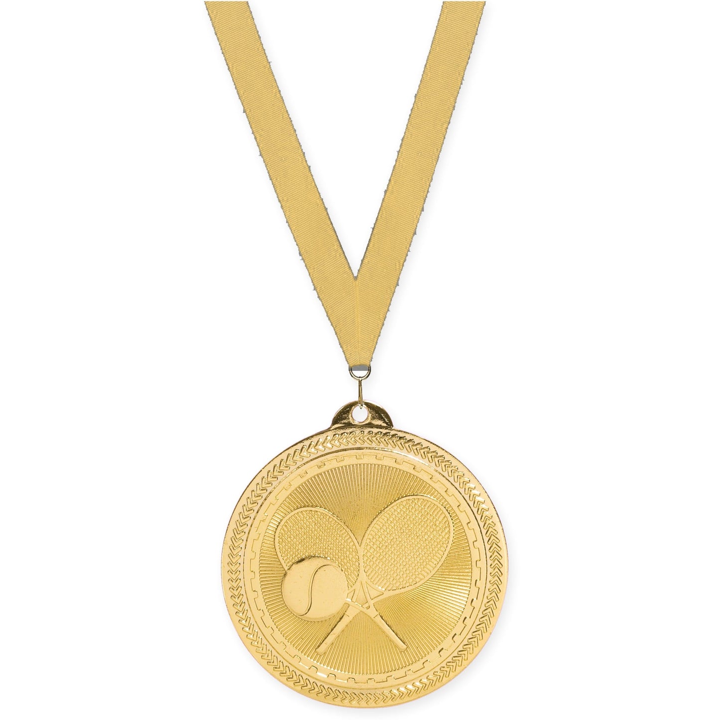 2 inch tennis Sunburst medal in bright gold with Gold Metallic neck ribbon