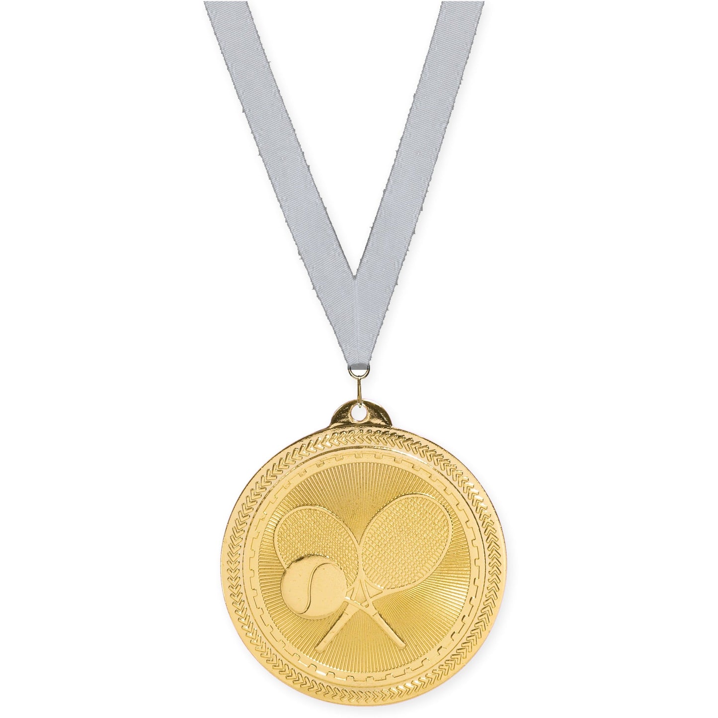 2 inch tennis Sunburst medal in bright gold with Silver Metallic neck ribbon
