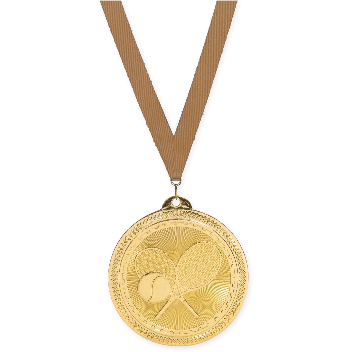 2 inch tennis Sunburst medal in bright gold with Bronze Metallic neck ribbon