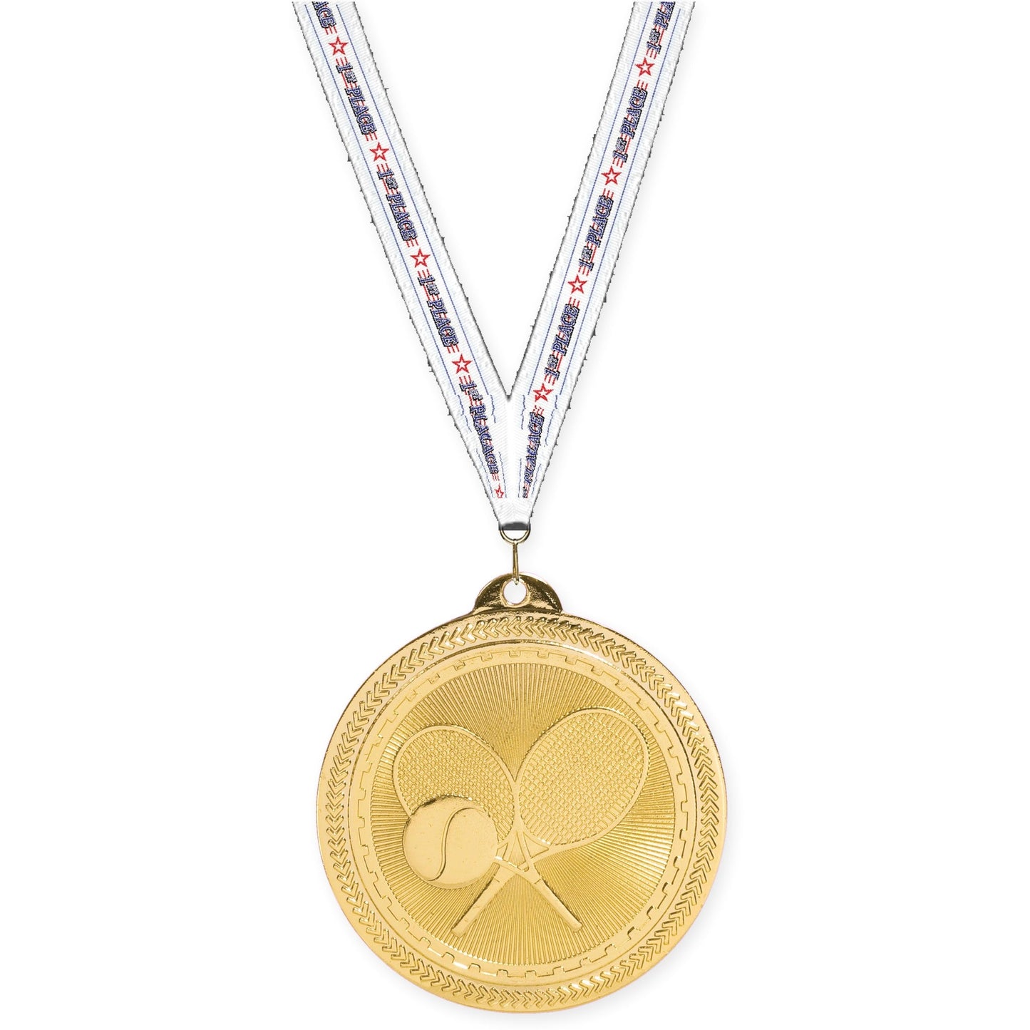 2 inch tennis Sunburst medal in bright gold with 1st Place neck ribbon