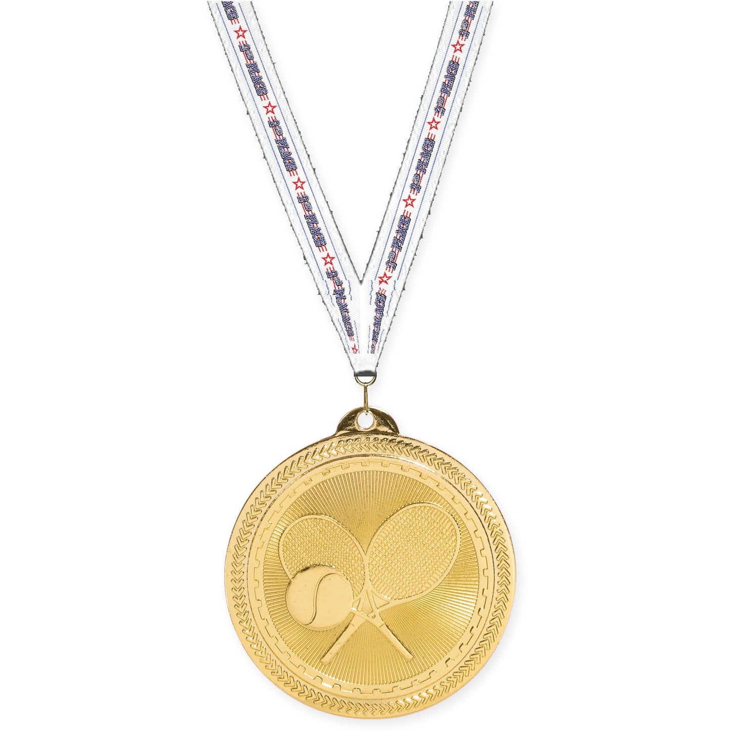 2 inch tennis Sunburst medal in bright gold with 2nd Place neck ribbon