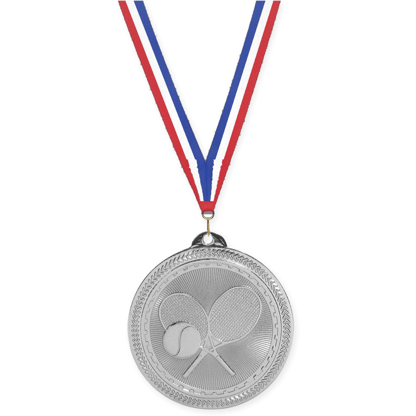 2 inch tennis Sunburst medal in bright silver with Red White Blue neck ribbon