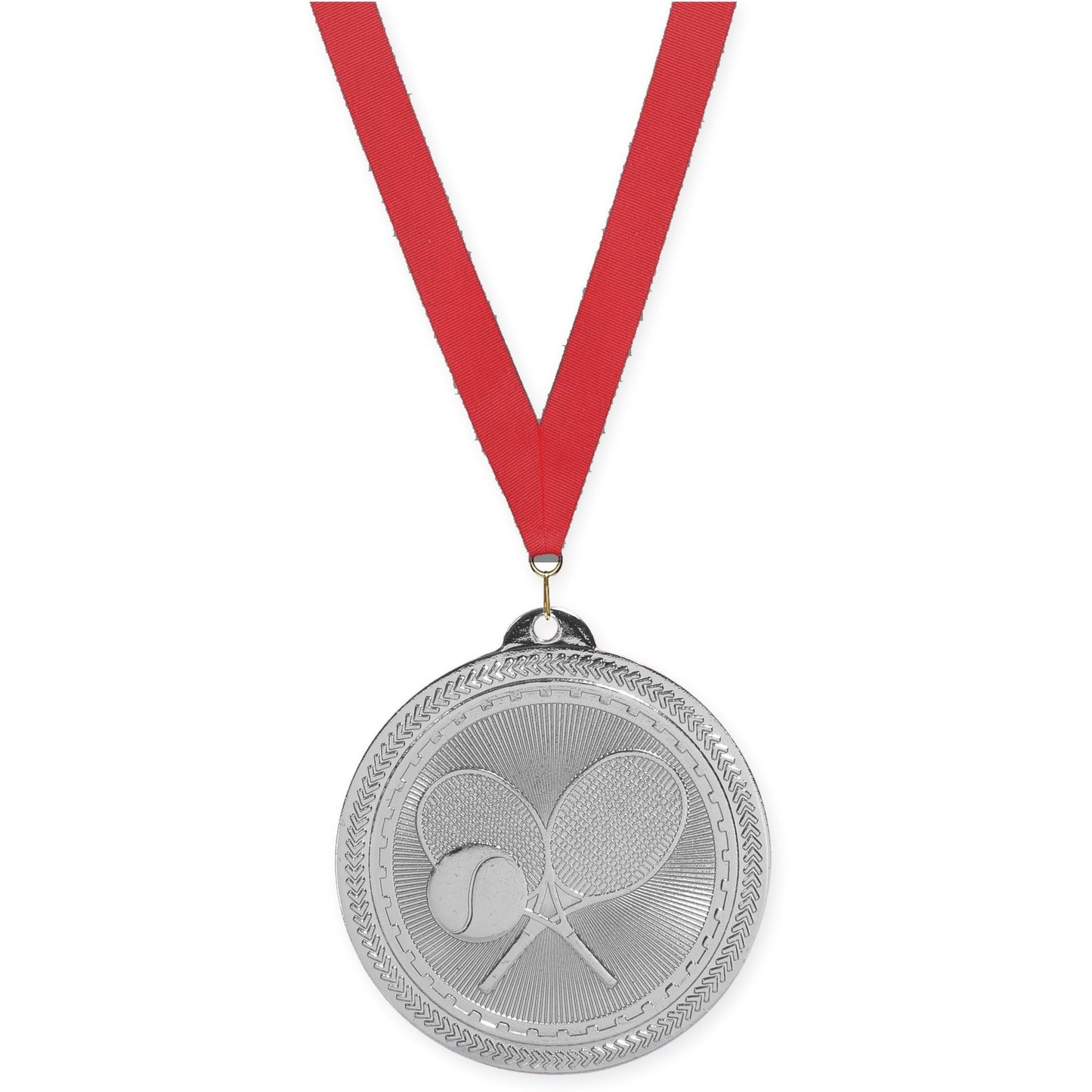 2 inch tennis Sunburst medal in bright silver with Red neck ribbon