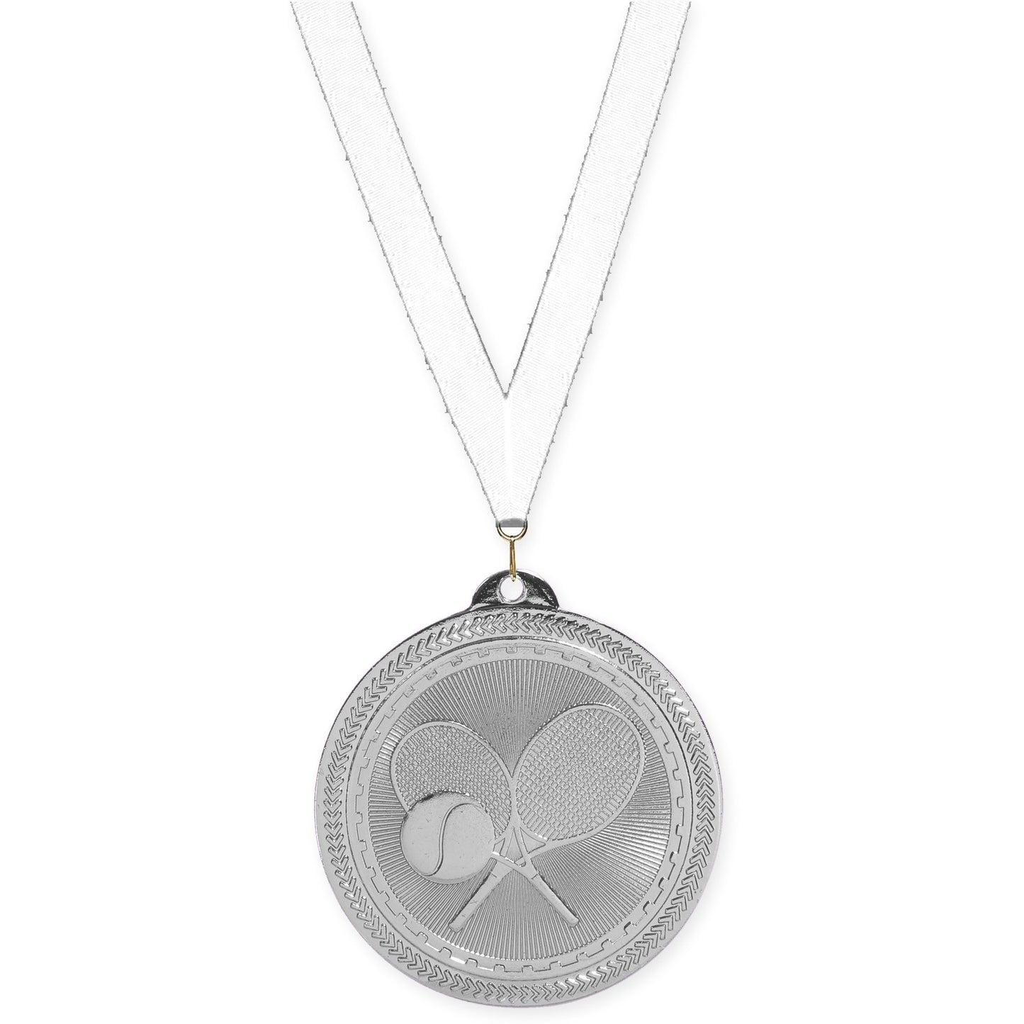 2 inch tennis Sunburst medal in bright silver with White neck ribbon
