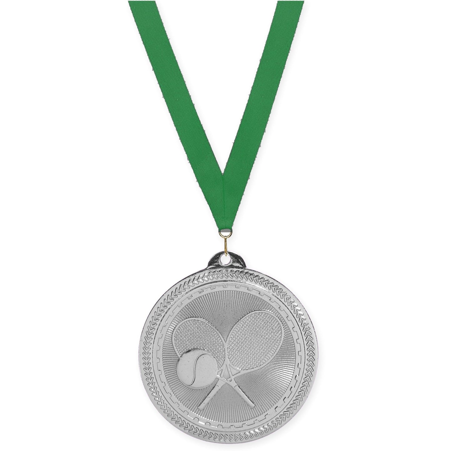 2 inch tennis Sunburst medal in bright silver with Green neck ribbon