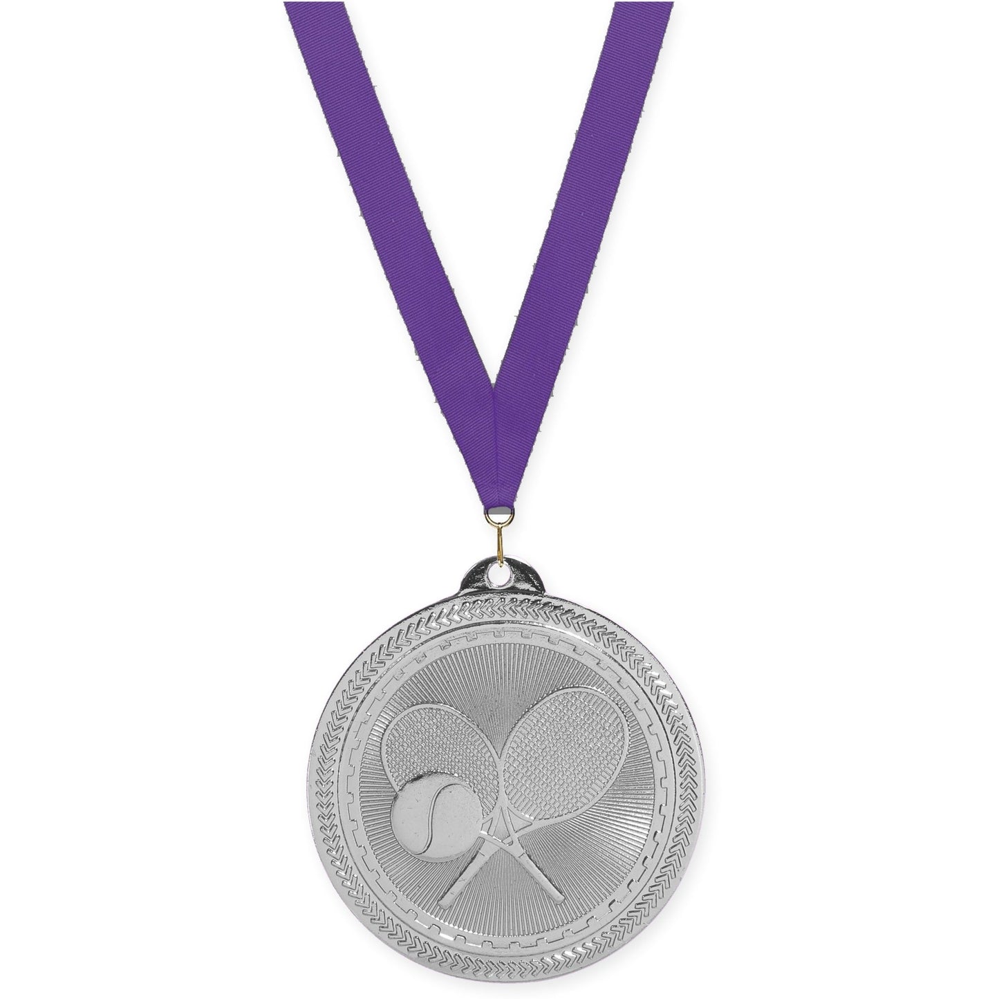 2 inch tennis Sunburst medal in bright silver with Purple neck ribbon