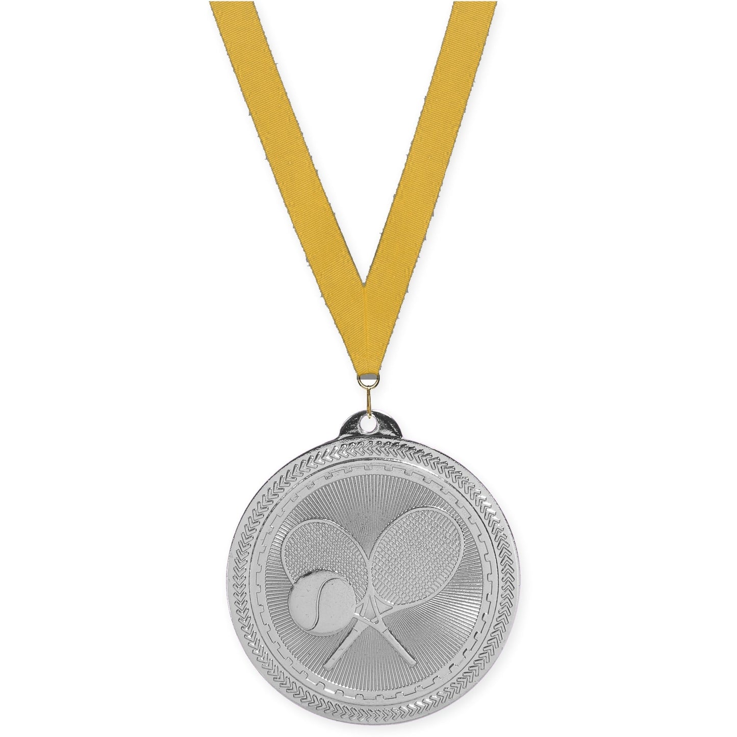 2 inch tennis Sunburst medal in bright silver with Gold neck ribbon