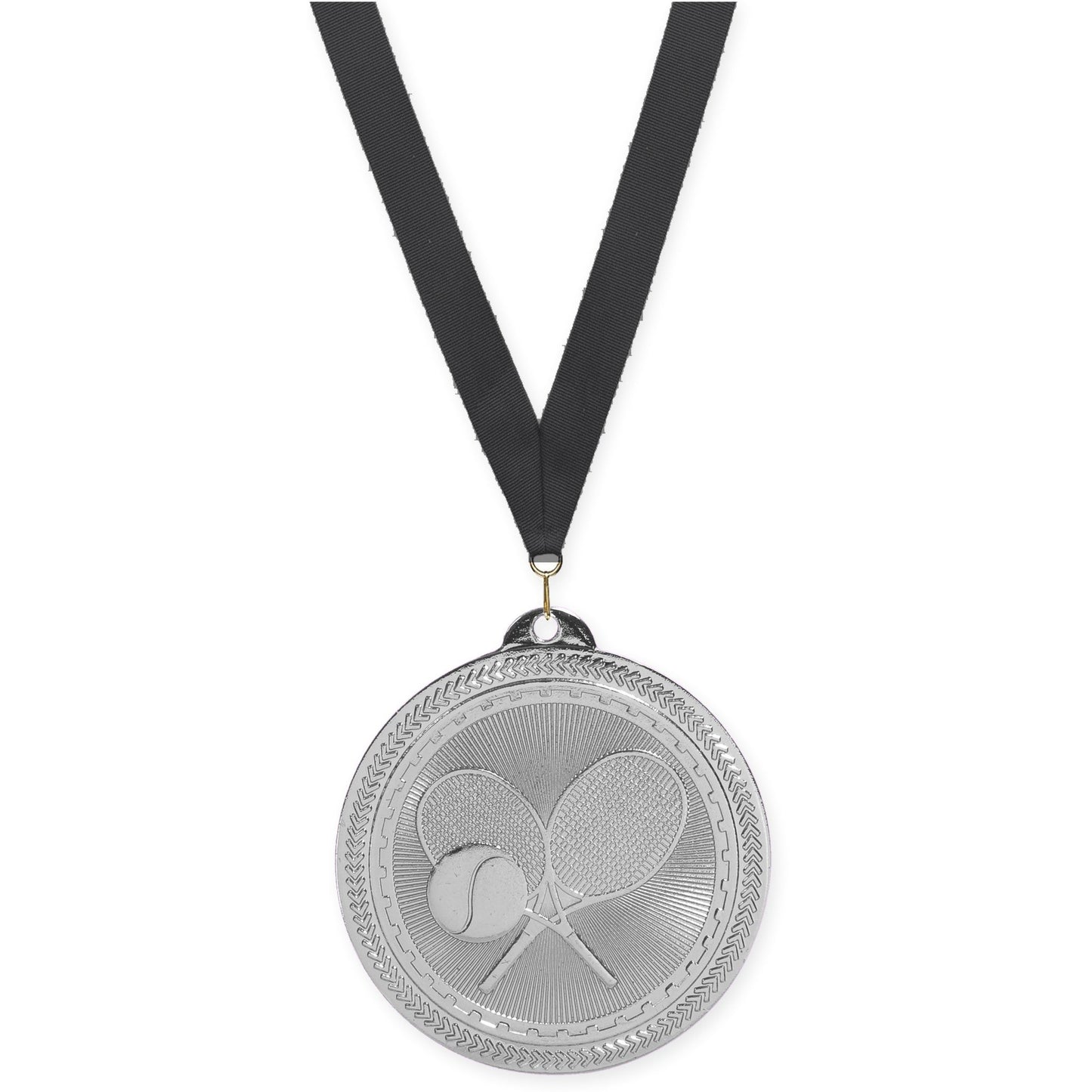 2 inch tennis Sunburst medal in bright silver with Black neck ribbon
