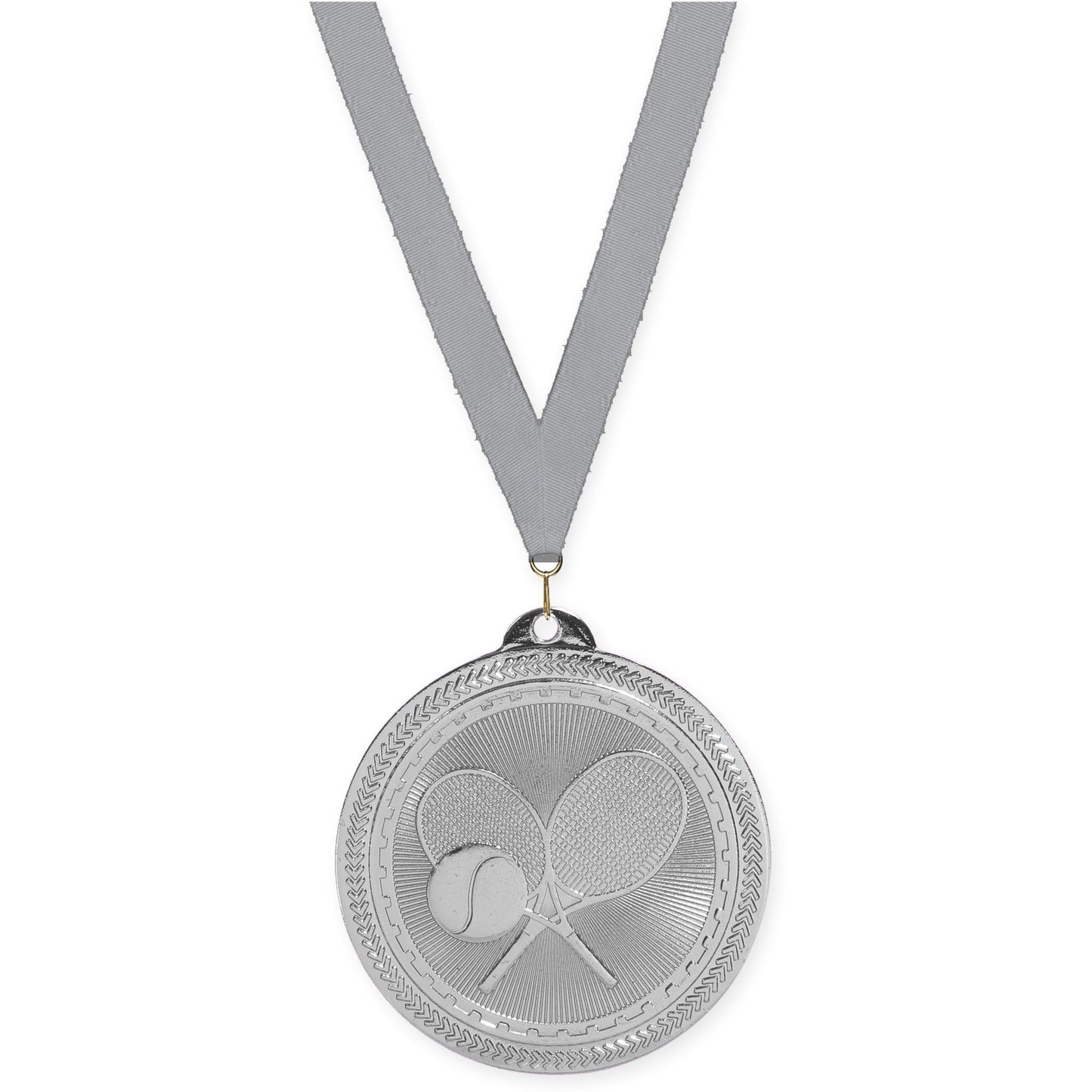 2 inch tennis Sunburst medal in bright silver with Gray neck ribbon