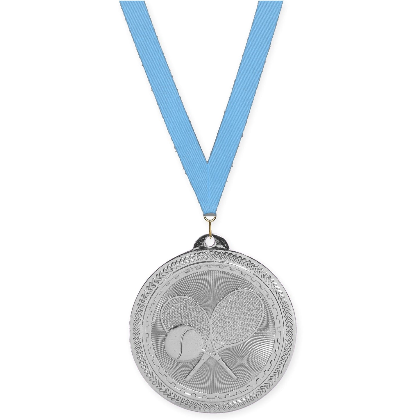 2 inch tennis Sunburst medal in bright silver with Light Blue neck ribbon