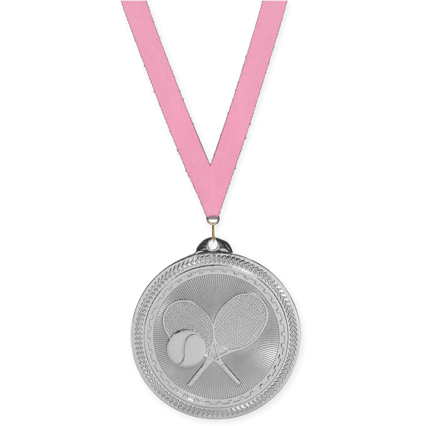 2 inch tennis Sunburst medal in bright silver with Pink neck ribbon