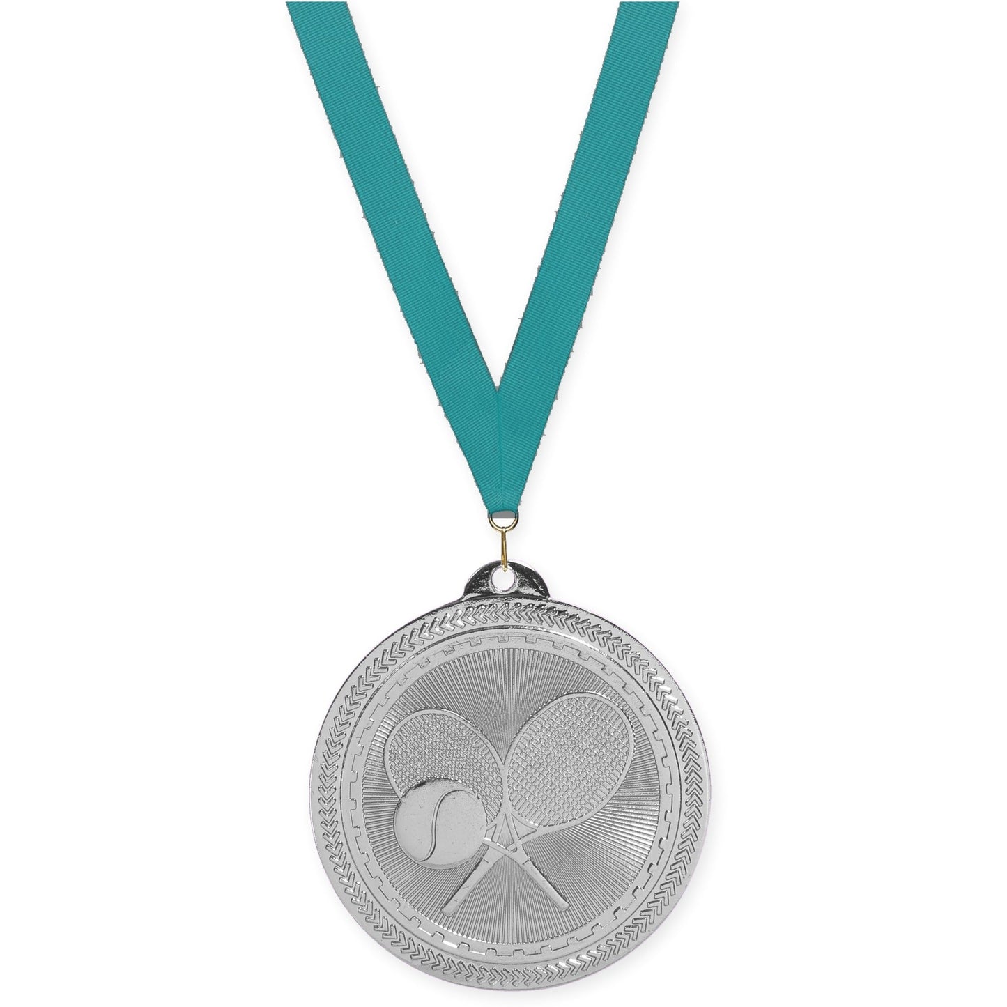 2 inch tennis Sunburst medal in bright silver with Teal neck ribbon